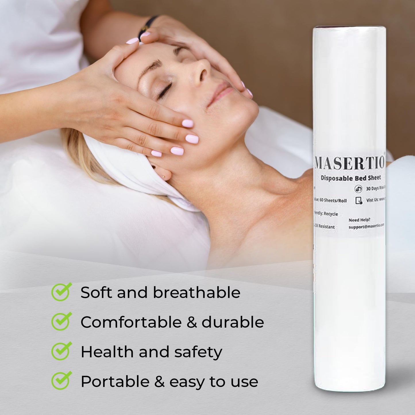 MASERTIO Disposable Massage Bed Cover - 60 Sheets Per Roll, Non-woven Disposable Material - Ideal for Spa, Massage Table, Tattoo, Waxing Table - No Crinkle Table Sheets - 31.5 x 71 Inches (6 Rolls)