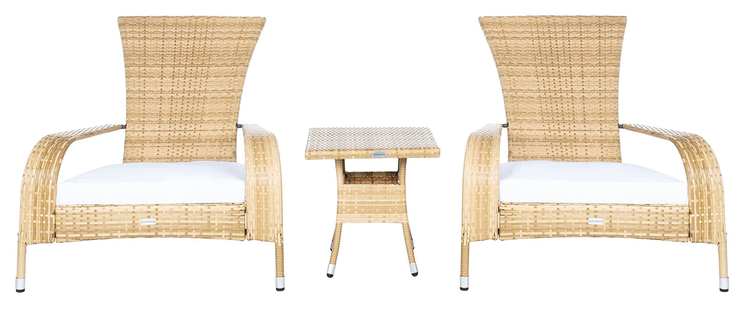 SAFAVIEH Outdoor - Edna 3-Piece Lounge Set - Natural & White - Steel Frame & Faux Rattan with Cushion - Wingback Tropical French Design - Ideal for Patio, Deck, Porch, Backyard (PAT7719D)