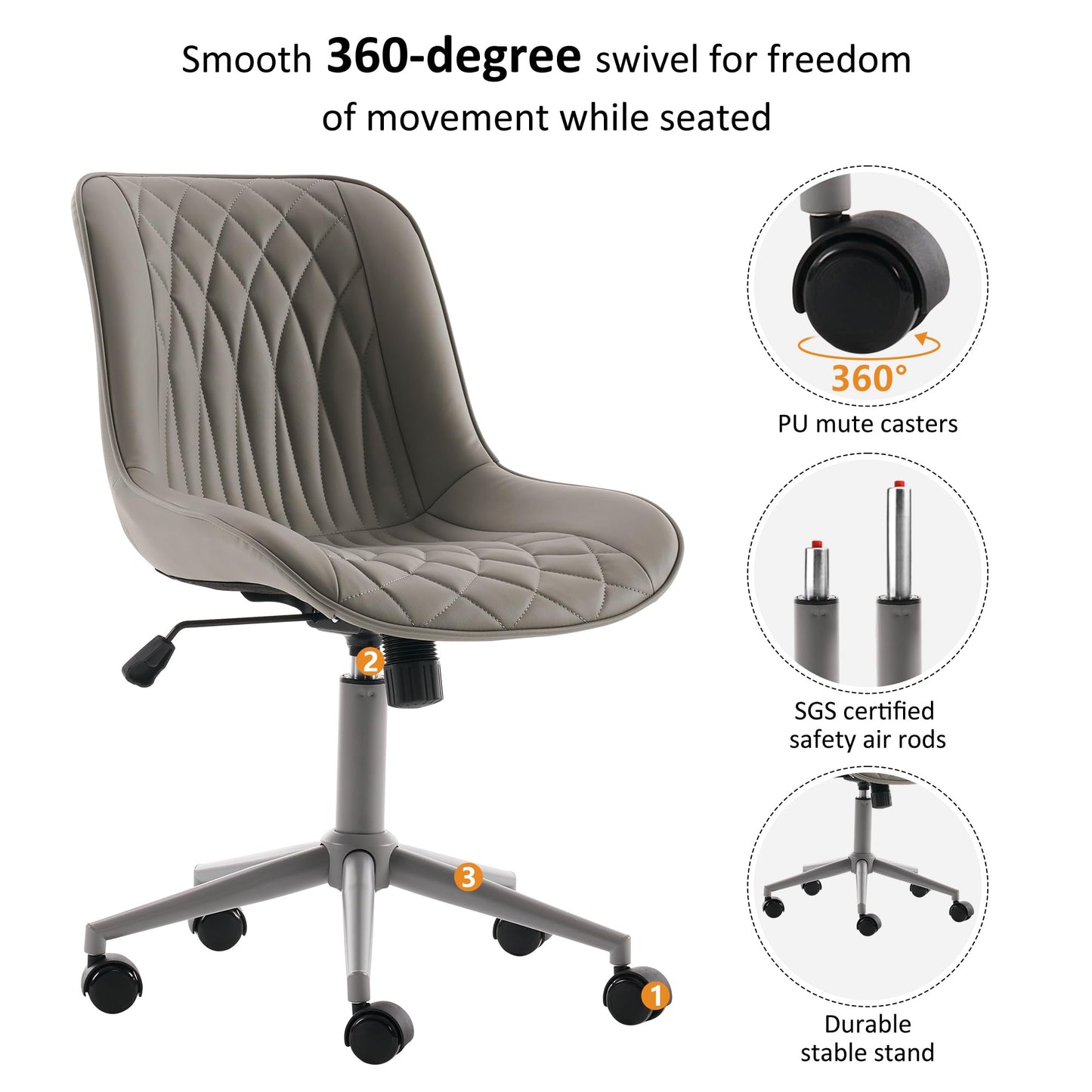 YOUNIKE Grey Faux Leather Ergonomic Office Chair Armless Comfy Desk Chair with Rocking Back Cute Swivel Vanity Chair with Wheels Height Adjustable Small Computer Task Chair for Sewing Drafting