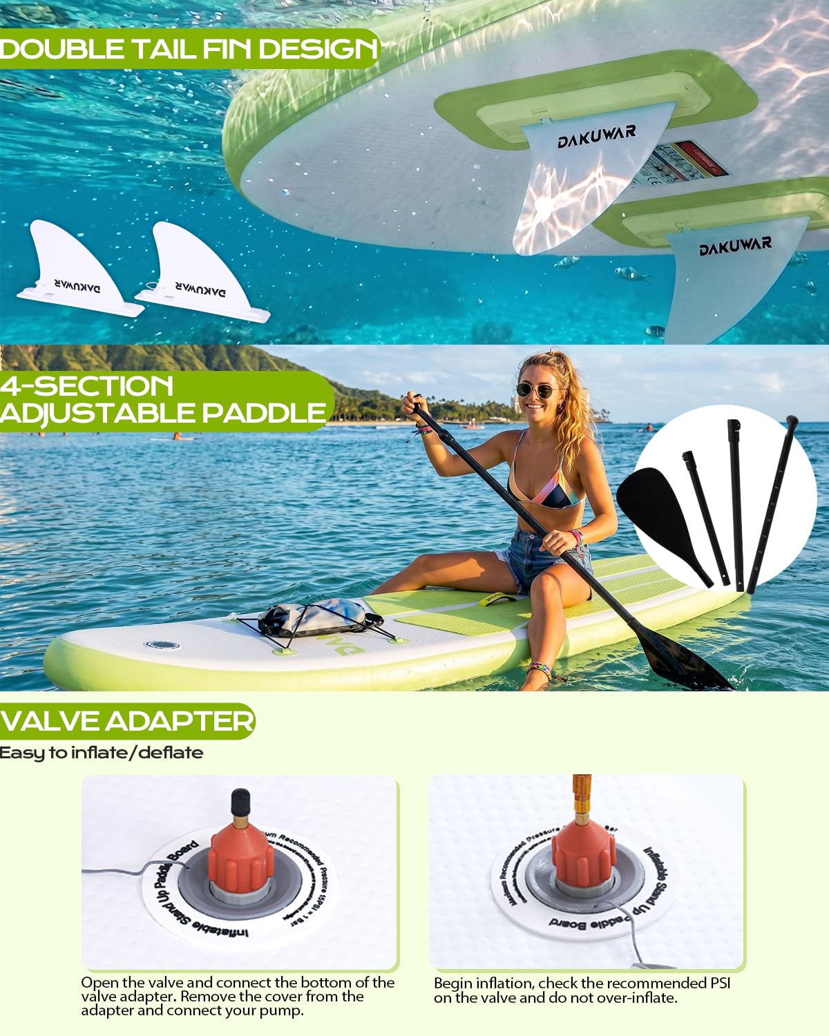 DAKUWAR Inflatable Paddle Board 10'x31.5''x6'' Folding Stand up Paddle Boards with SUP Accessories Valve Adaptor/2 fins/SUP Backpack/Ankle Leash/Repair Kit (Green and White)