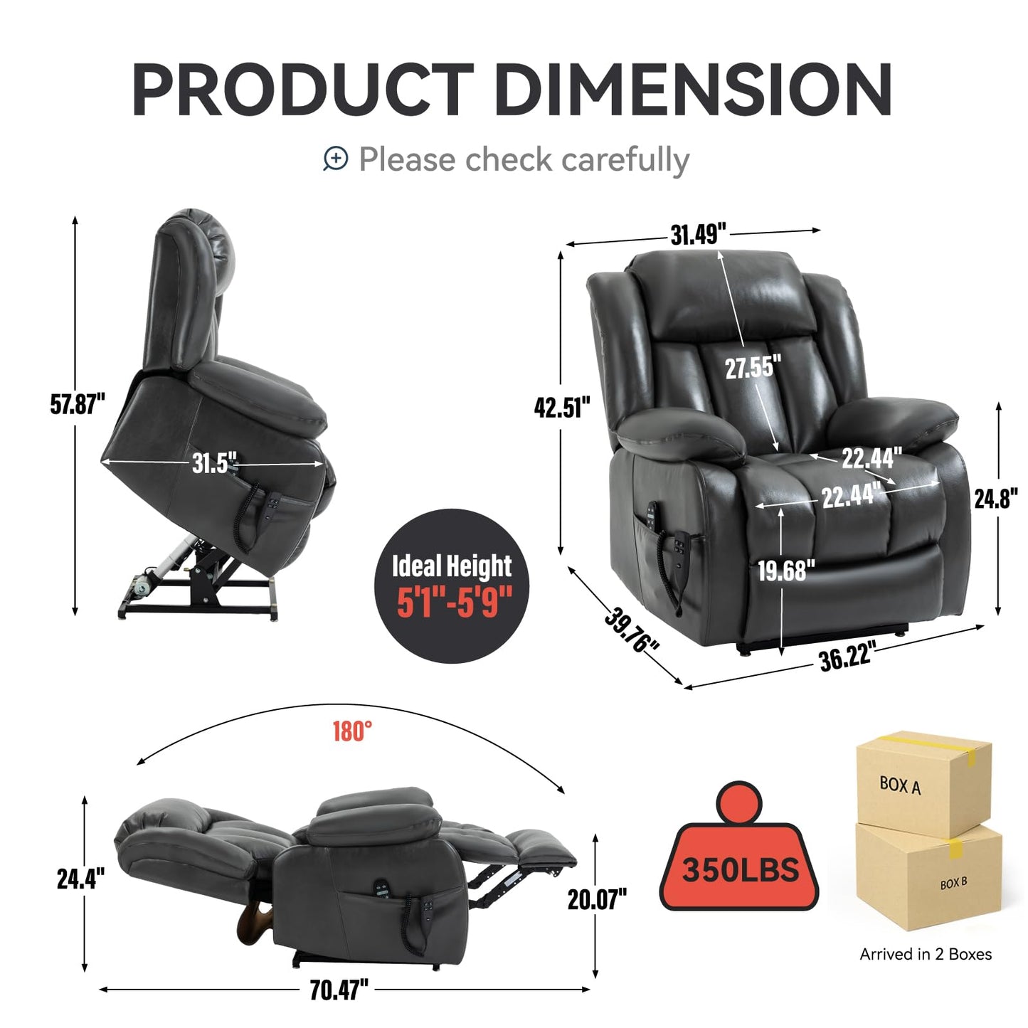 KEIKI Oversized Recliner Chair Electric Dual Motor Lift Leather Recliner for Elderly, Synthetic Leather Upholstery with Infinite Position and Back Massager with Heat, Rocking Lounge Chair, Grey