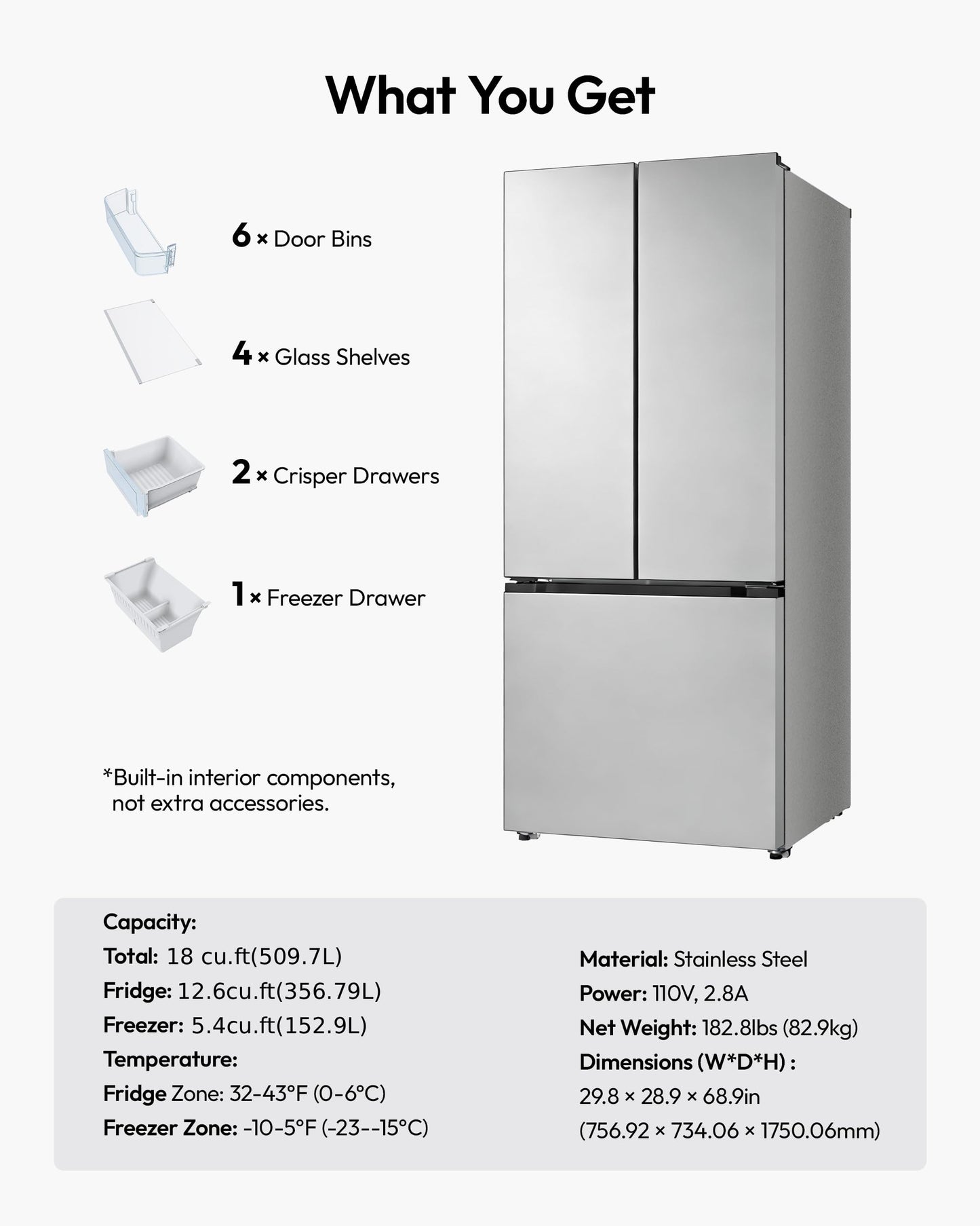 ICEVIVAL 18 Cu.Ft French Door Refrigerator with Freezer Drawer – Frost Free, UL Certified, Side by Side Fridge with Door Ajar Alarm & 3 Smart Modes