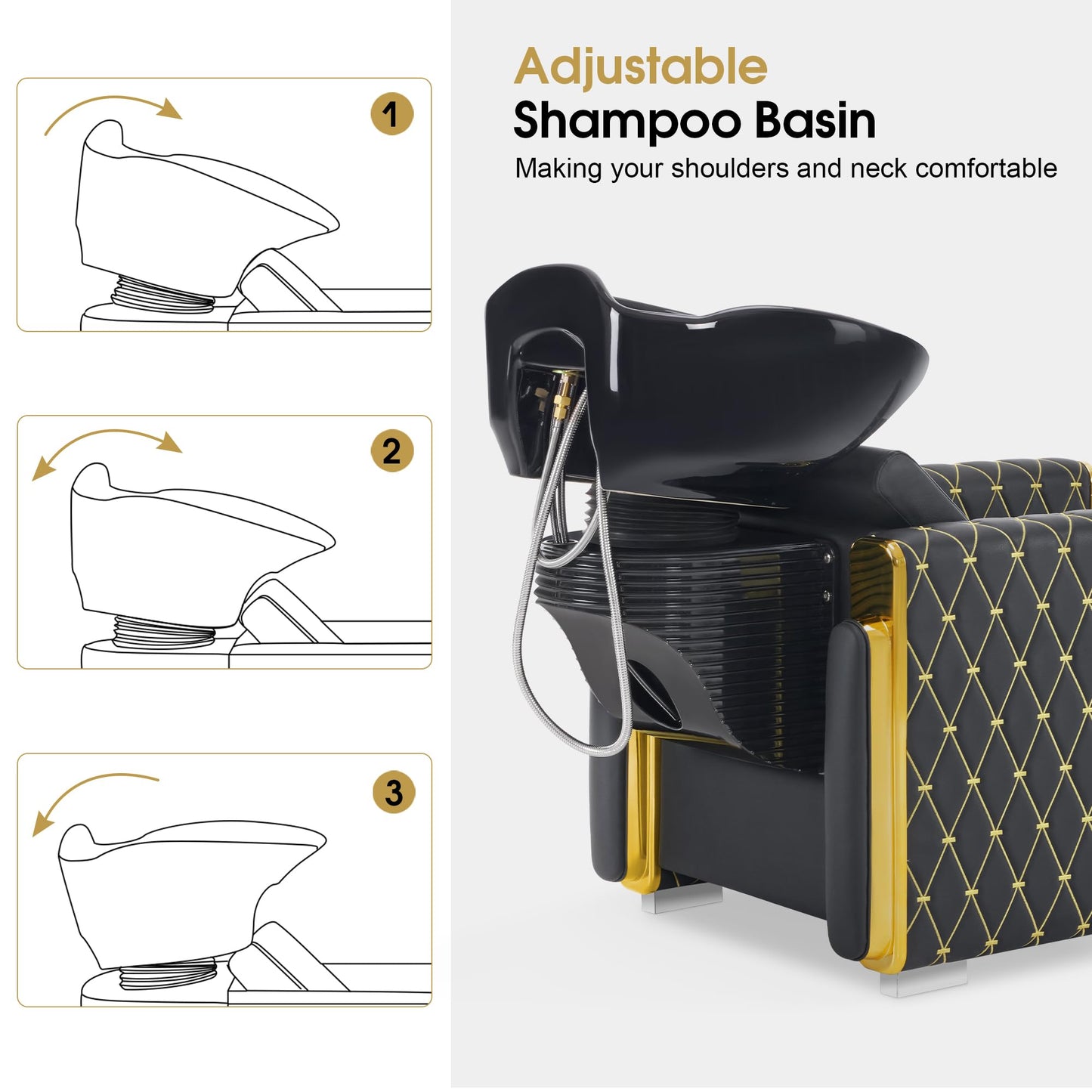 BarberPub Backwash Shampoo Station Chair, Porcelain Ceramic Bowl Sink Unit for Hair Stylist, Gold&Black Shampoo Chair with Vacuum Breaker for Beauty Spa Salon 8690