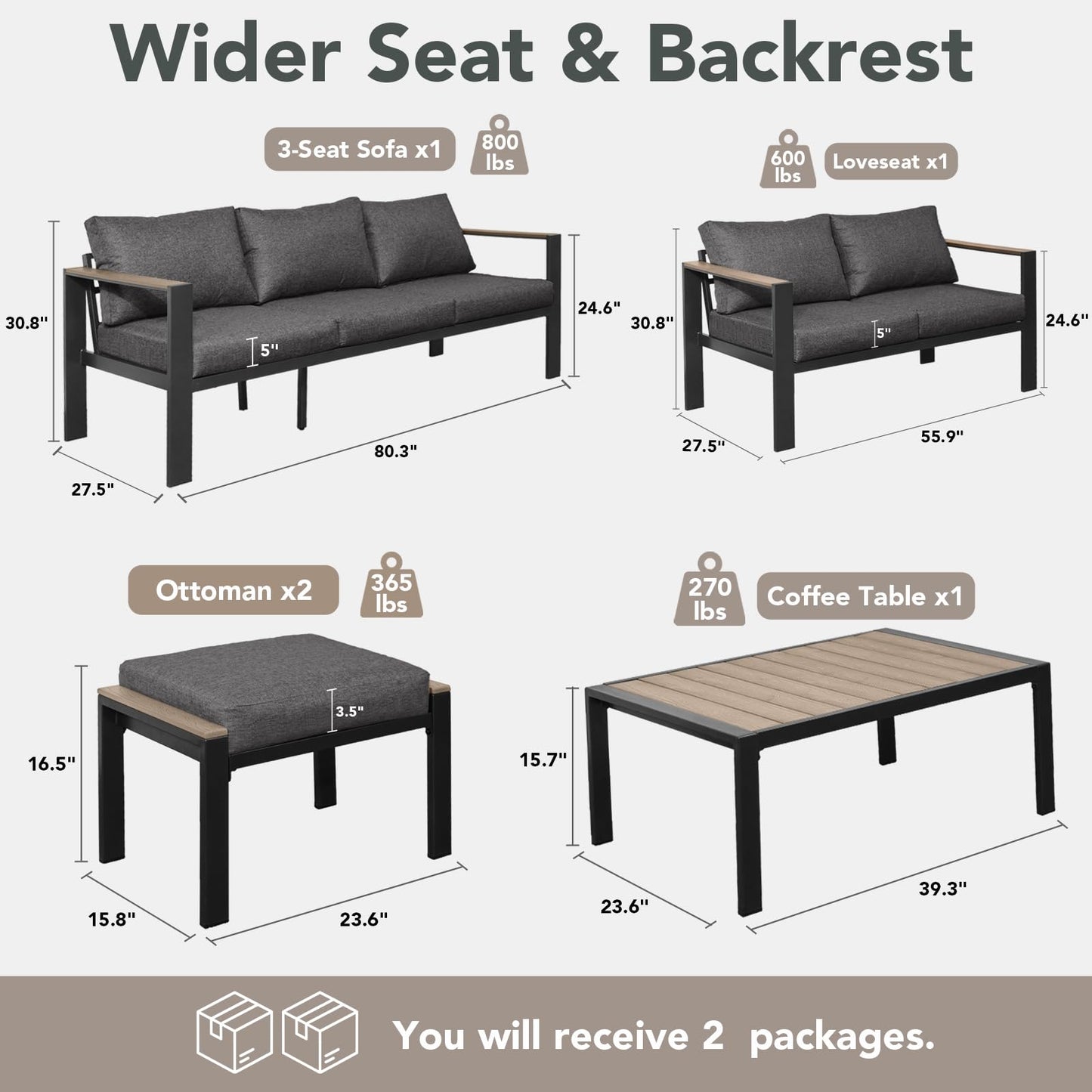 SAILARY Outdoor Patio Furniture Set 5 Pieces Luxury Aluminum Patio Conversation Set with Coffee Table and 2 Ottoman 7 Seats, Thick Cushions, Large Sectional Sofa for Porch, Balcony, Yard, Dark Gray