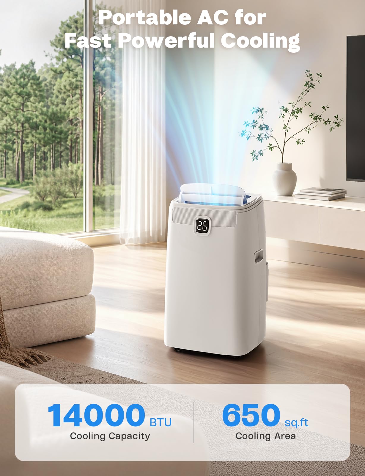 Portable Air Conditioners, 14,000 BTU Portable AC Unit for Room up to 650 Sq. Ft, 3 in 1 Small AC Unit with 24H Timer Smart Sleep Mode, Smart Stand up Air Conditioner for Bedroom Kitchen Garage