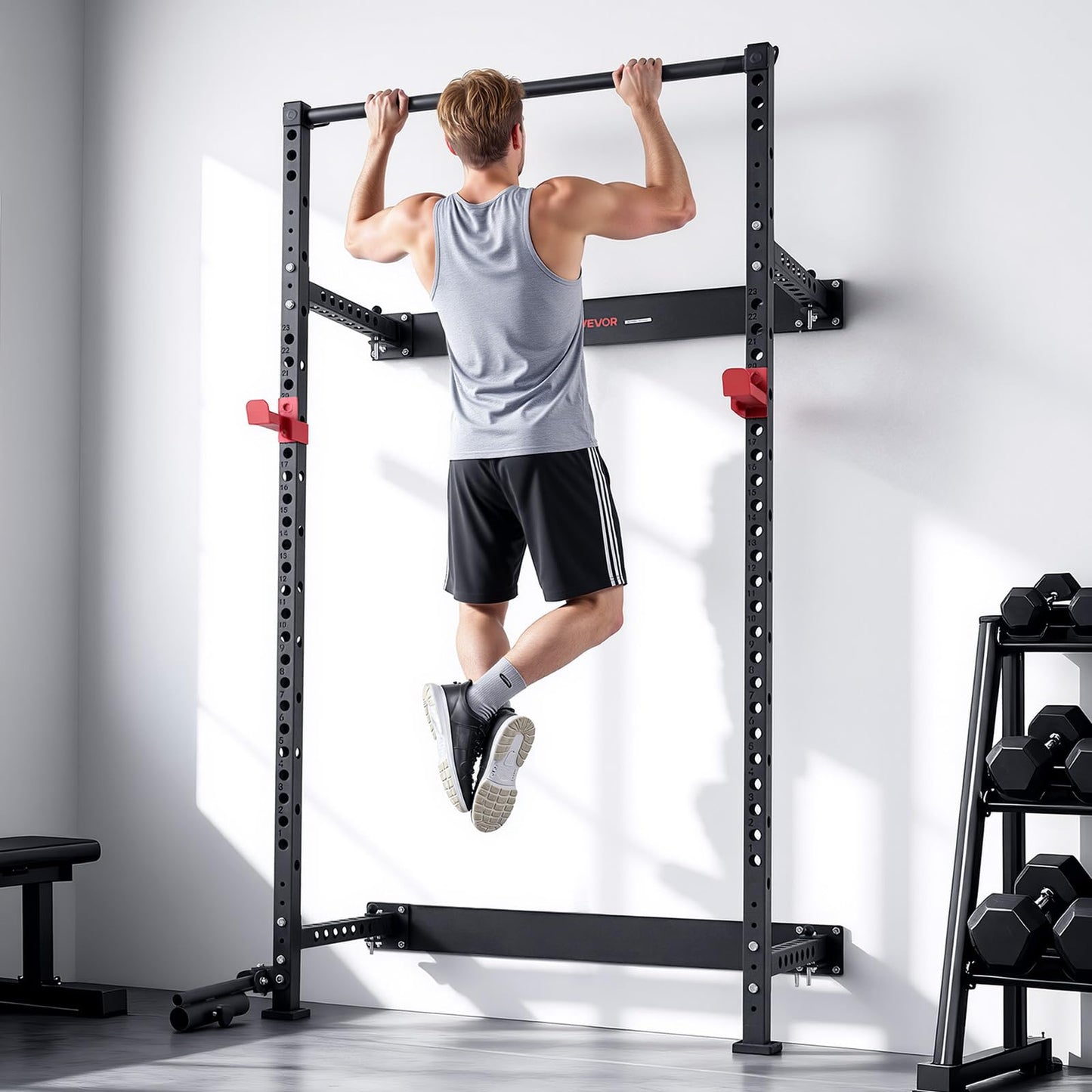 VEVOR Folding Power Cage, Wall-Mounted Power Rack Squat Rack, Multifunctional Strength Training Workout Equipment with Landmine Holder, Adjustable J-Hooks & Pull-Up Bar for Home Gym, 1000LBS Capacity
