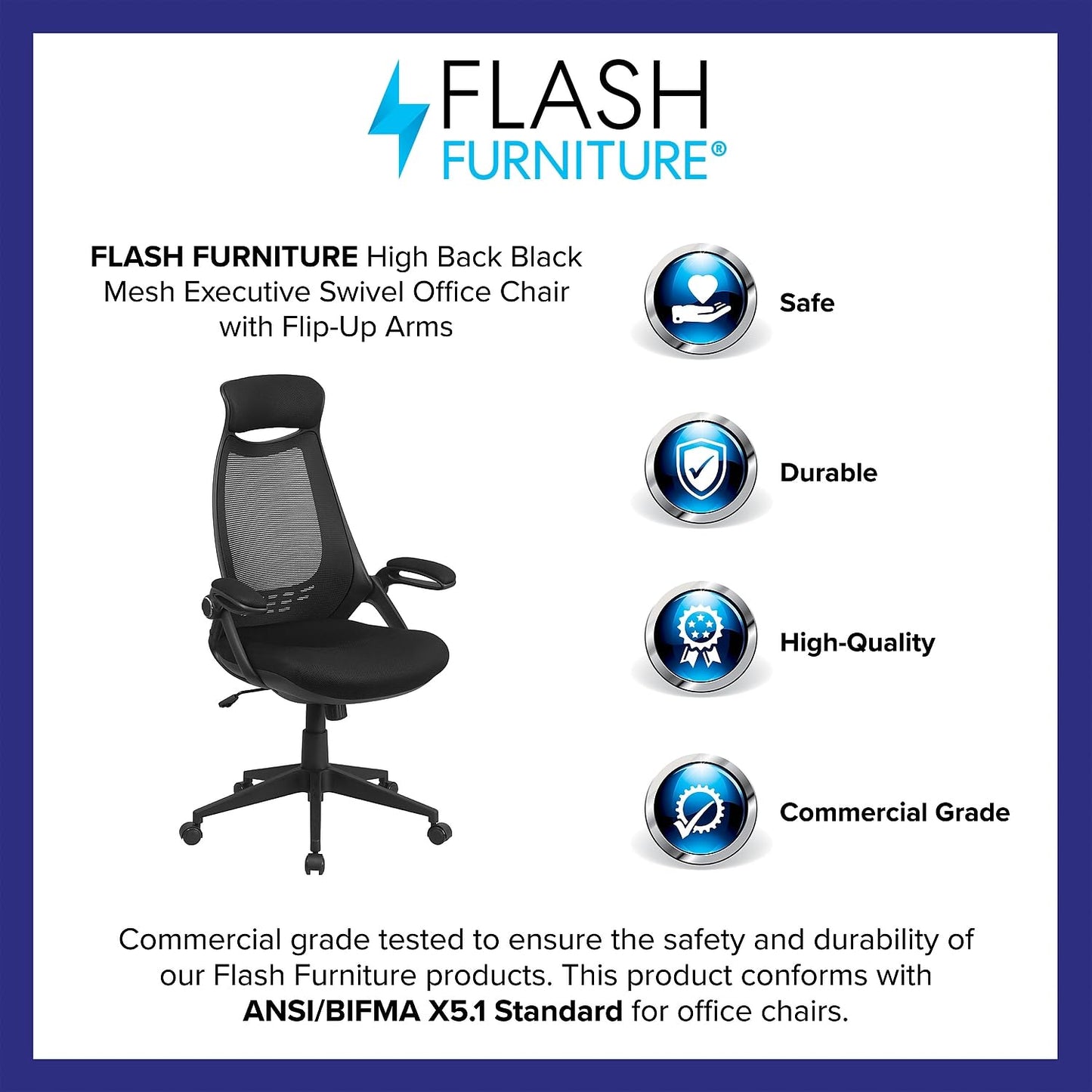 Flash Furniture Ivan High Back Black Mesh Executive Swivel Office Chair with Flip-Up Arms