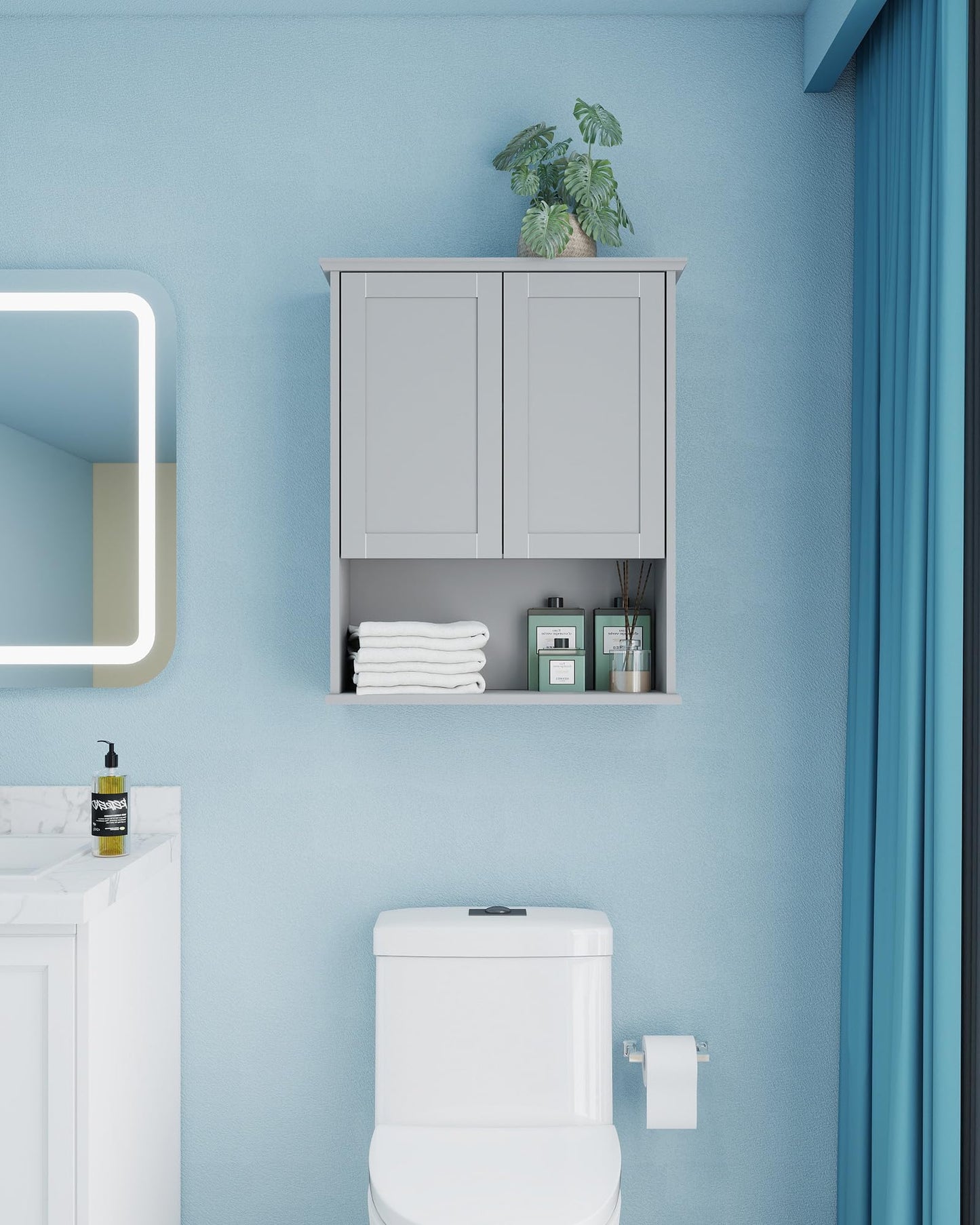 VIMYFAMY Bathroom Cabinet Wall Mount Buffering Hinge,23"x29" inch Over Toilet Storage Cabinet and Adjustable Shelves, Large Space Wooden Medicine Cabinet (Light Gray)
