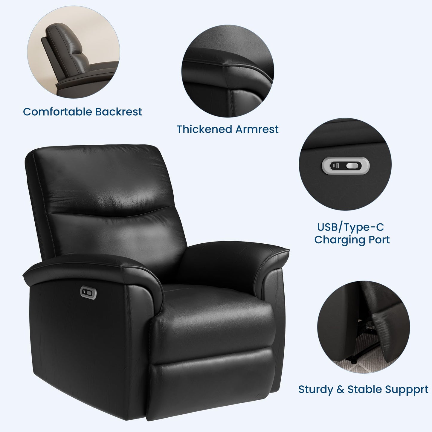 Garvee Power Recliner Chair, PU Leather Electric Reclining Armchair with Free Position, Oversized Armrest Lazy Chair Sofa for Adult, 350 Lb Capacity, Single Sofa for Living Room Bedroom, Black