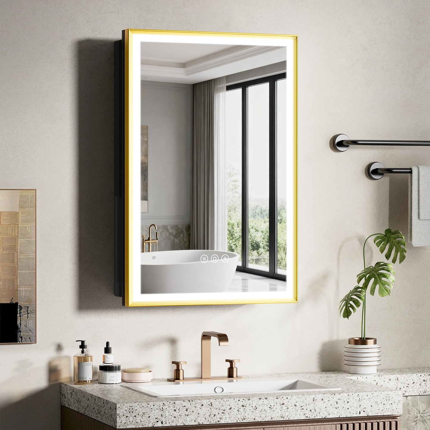HGLITEDMIR 16x24 Inch Lighted Medicine Cabinet Gold Aluminum Frame 3-Color Dimmable LED Anti-Fog Mirror Surface & Recessed Mount for Bathroom Hotel Apartment Dressing Room Entryway