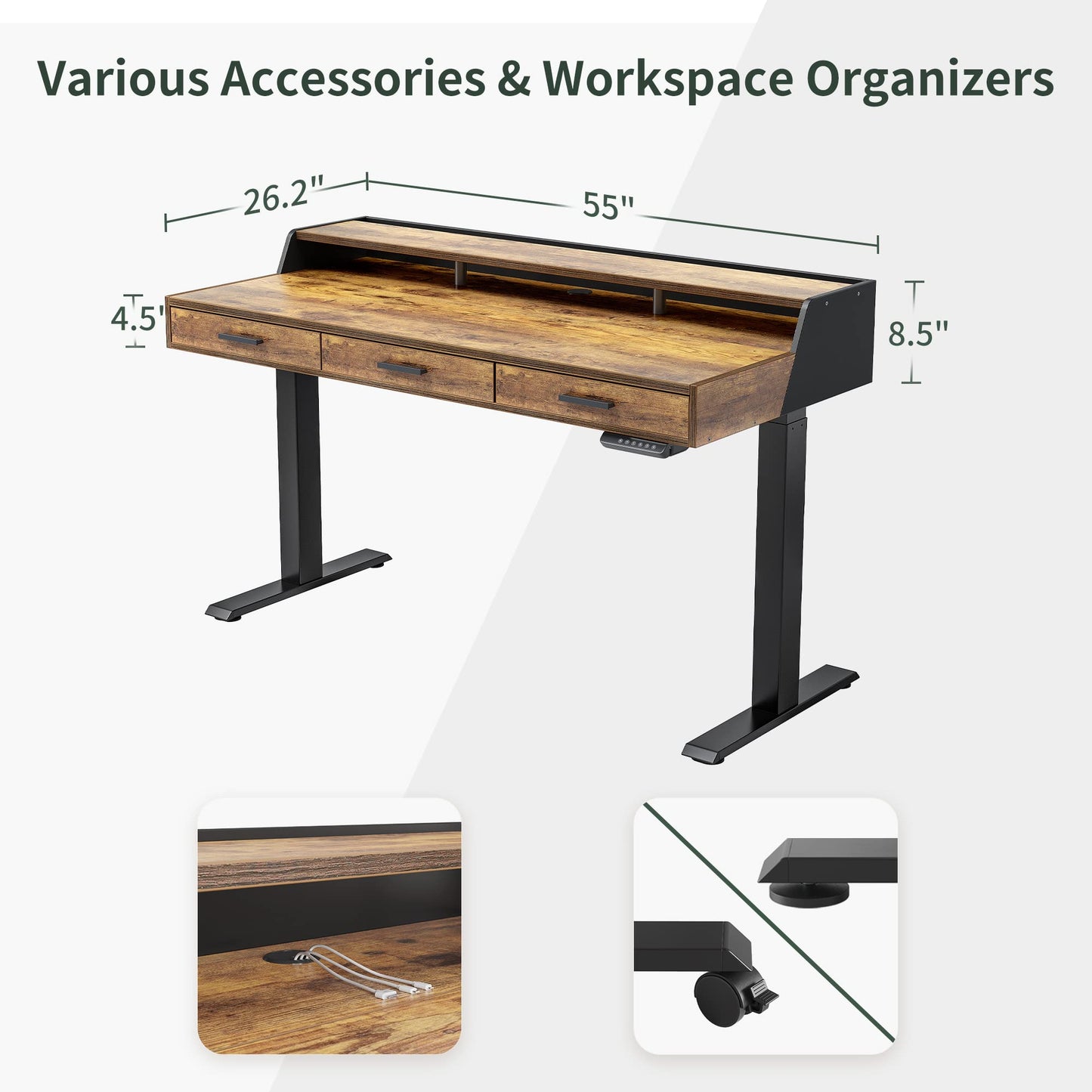 CubiCubi Standing Desk 55x26 Inches with 3 Wood Drawers and Monitor Shelf, Ergonomic Rising Home Office Desks, Height Adjustable Computer Desk, Sit Stand Up Electric Workstation Table, Antique Brown
