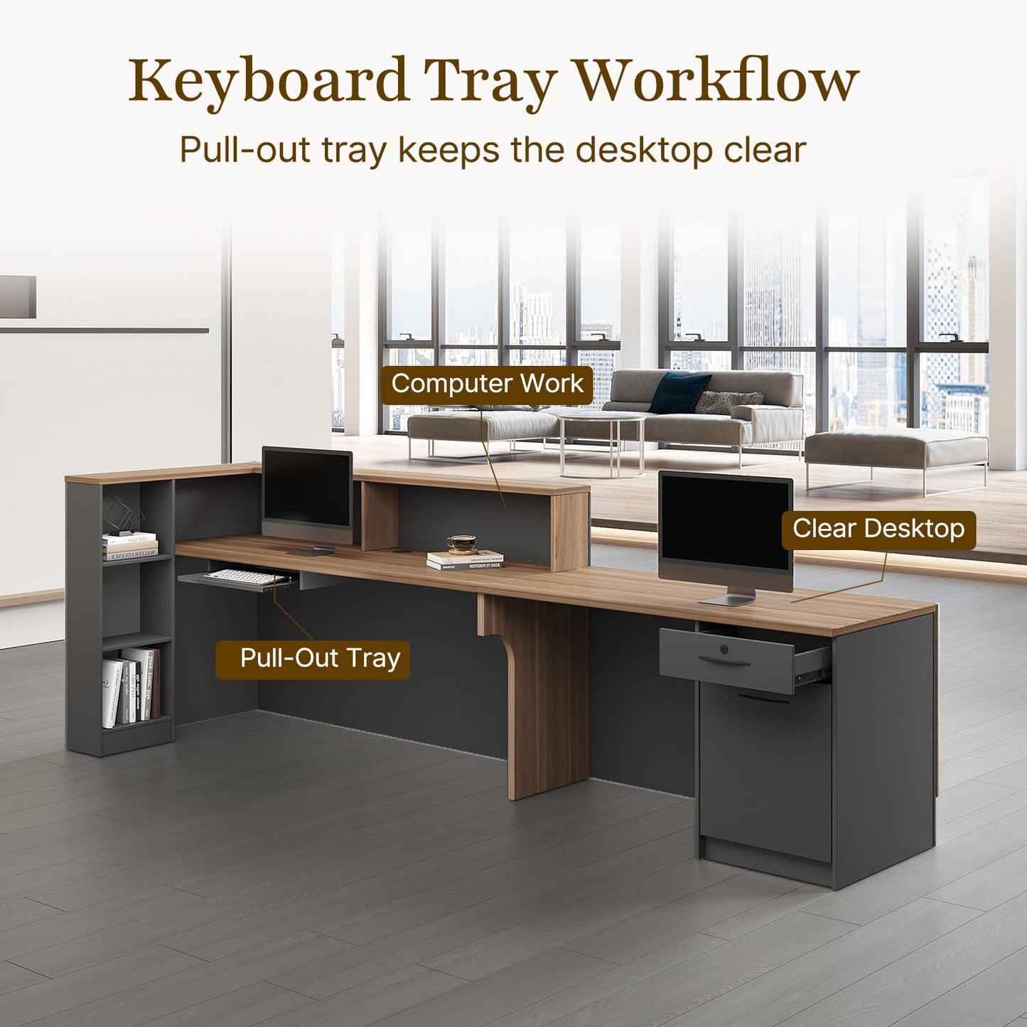 Nuipesn 87" Modern L-Shaped Reception Desk, Front Desk Counter with Drawer, Keyboard Tray and Storage Shelves, Left Layout, Dark Walnut