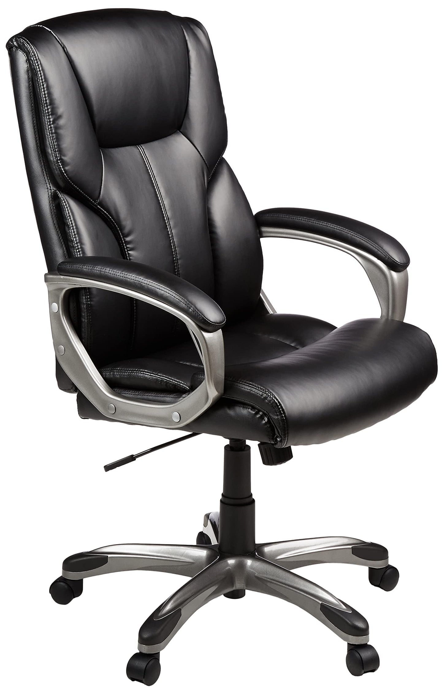 Amazon Basics Executive High Back Office Chair, Adjustable Height, Tilt, Swivel, Padded Seat, Bonded Leather, Wheels, Black/Silver