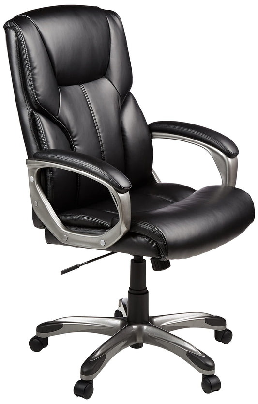 Amazon Basics Executive High Back Office Chair, Adjustable Height, Tilt, Swivel, Padded Seat, Bonded Leather, Wheels, Black/Silver