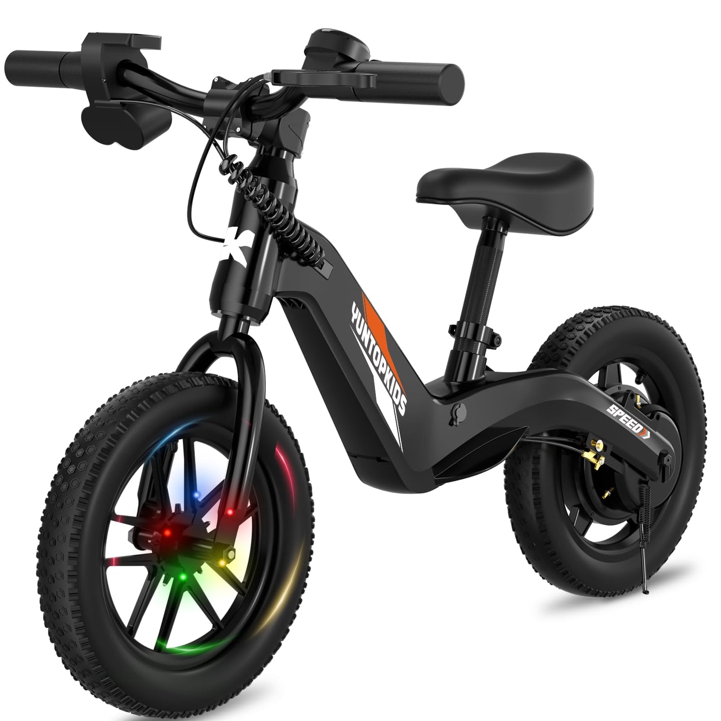 YunTopKids 24V Electric Balance Bike for Kids Ages 3-5, 12" Pneumatic Tires, Safe Kick-to-Start, 3 Speeds Up to 9.3 MPH, 180W Motor, LCD, Quick Charging, LED Lights (Black)