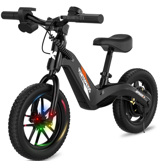 YunTopKids 24V Electric Balance Bike for Kids Ages 3-5, 12" Pneumatic Tires, Safe Kick-to-Start, 3 Speeds Up to 9.3 MPH, 180W Motor, LCD, Quick Charging, LED Lights (Black)