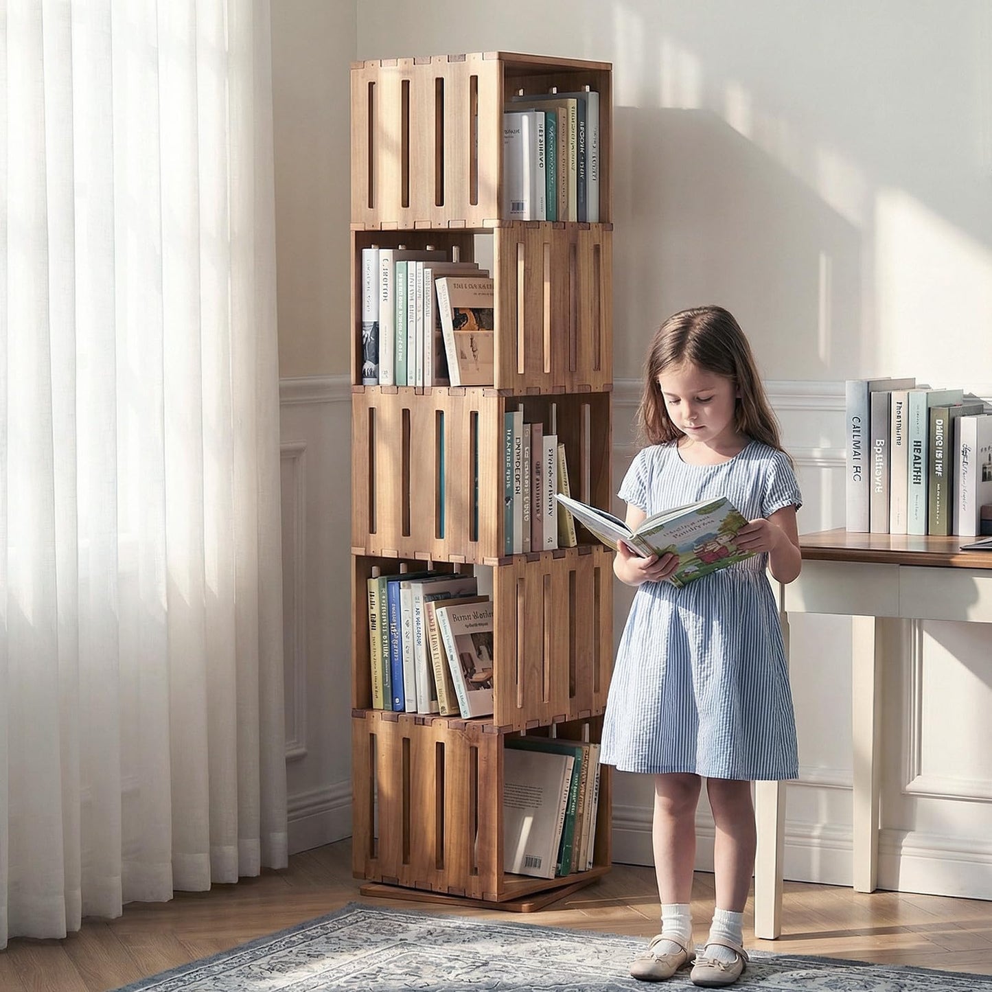 unununu Wooden Rotating Bookshelf, 360°Spinning Deep-Bin Tower for Art Books&Large Formats, Solid Wood Revolving Bookcase, Floor Standing Storage Rack,Corner Organizer,Small Space,study,Office, 5-Tier