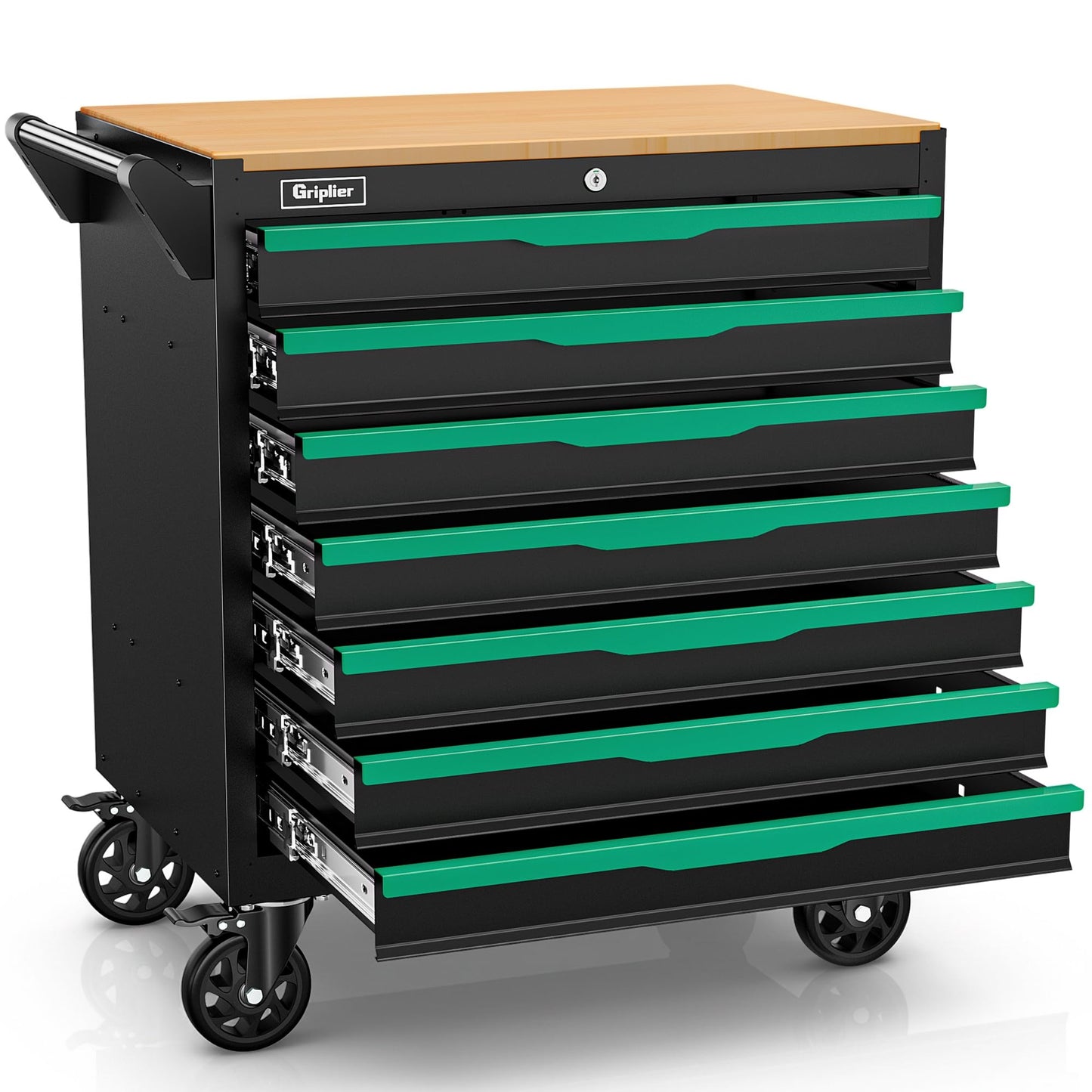 Griplier 7-Drawer Tool Chest with Wood Top, 31.3W x 18.9D x 32.3H inches, Black and Green，Locking Rolling Tool Box with Wheels,Mechanic Tool Cabinets for Garage, Warehouse,Repair Shop(7 Drawers)