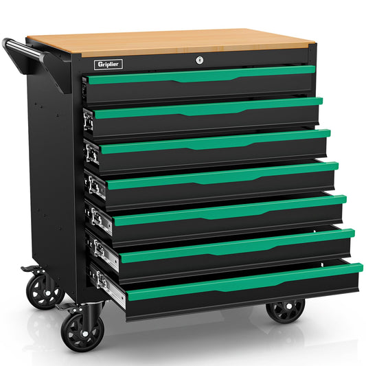 Griplier 7-Drawer Tool Chest with Wood Top, 31.3W x 18.9D x 32.3H inches, Black and Green，Locking Rolling Tool Box with Wheels,Mechanic Tool Cabinets for Garage, Warehouse,Repair Shop(7 Drawers)