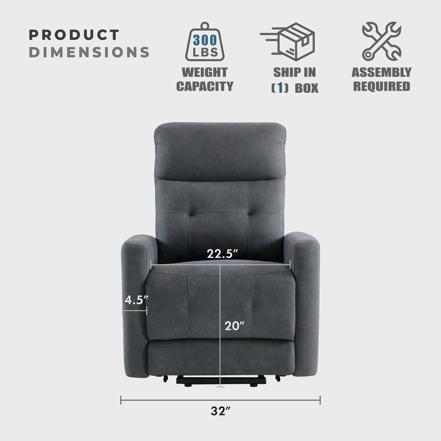 Lexicon Power Lift Recliner with Heat and Massage for Adults Elderly Ergonomic, Textured Microfiber Tufted Lounge Chair Classic Single Sofa Recliner with Side Pockets, Home Theater Seating, Dark Gray