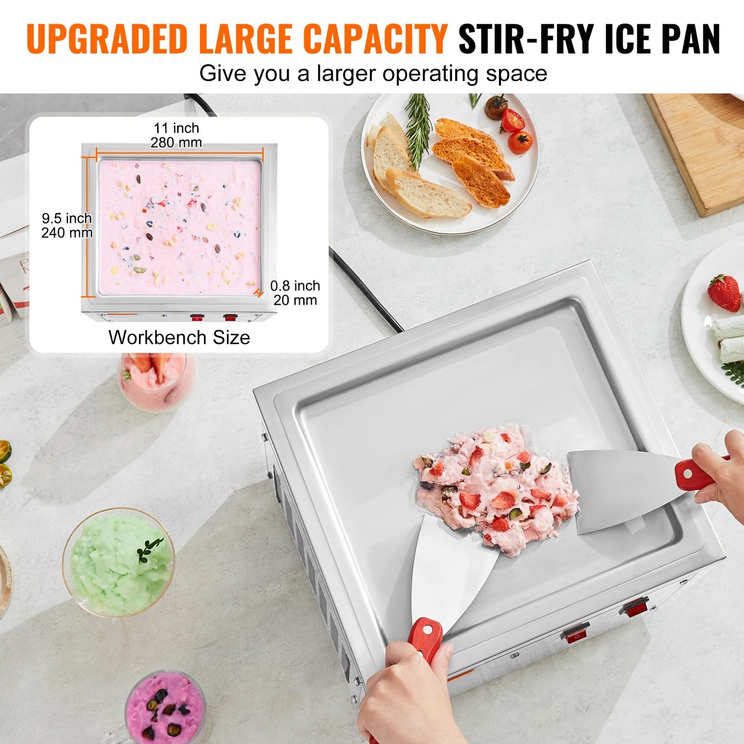 VEVOR Commercial Ice Roll Maker,Stir-Fried Yogurt Cream Machine 220W, Ice Cream Roll Machine with 9.4" x 11" Square Pan, Button Defrost Method with Food Shovels Perfect for Bars,Cafes Dessert Shops