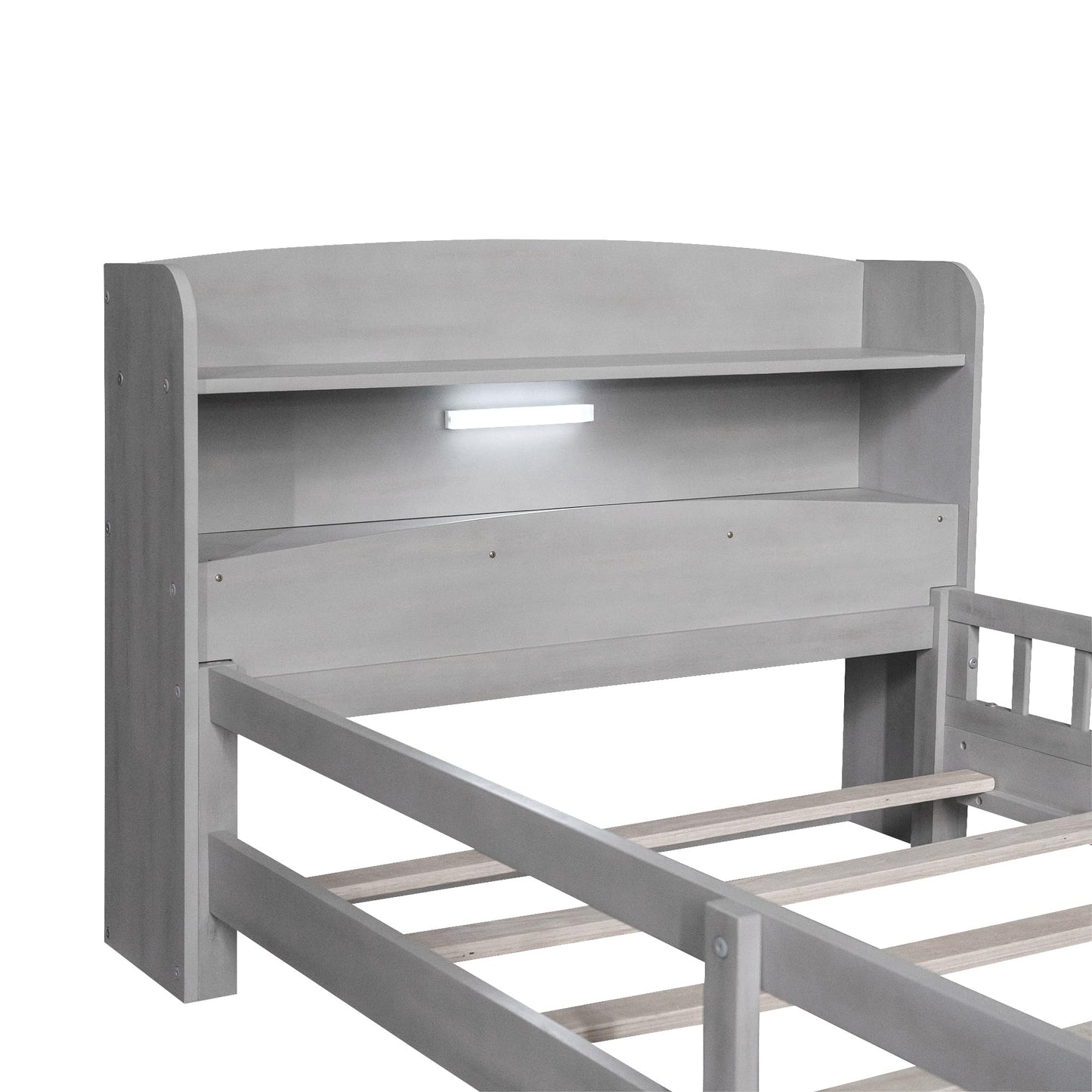 Merax Twin Bed Frame, Solid Wood Twin Size Platform Bed with Storage Headboard, Built-in Light and Safety Guardrail, Montessori Inspired Bed, No Box Spring Needed, Gray