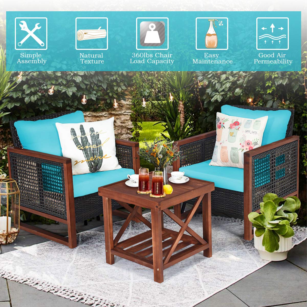 Tangkula 3 Pieces Patio Wicker Furniture Set, Rattan Outdoor Sofa Set w/Washable Cushion & Acacia Wood Coffee Table, Conversation Bistro Set for Garden Balcony Backyard (Turquoise)