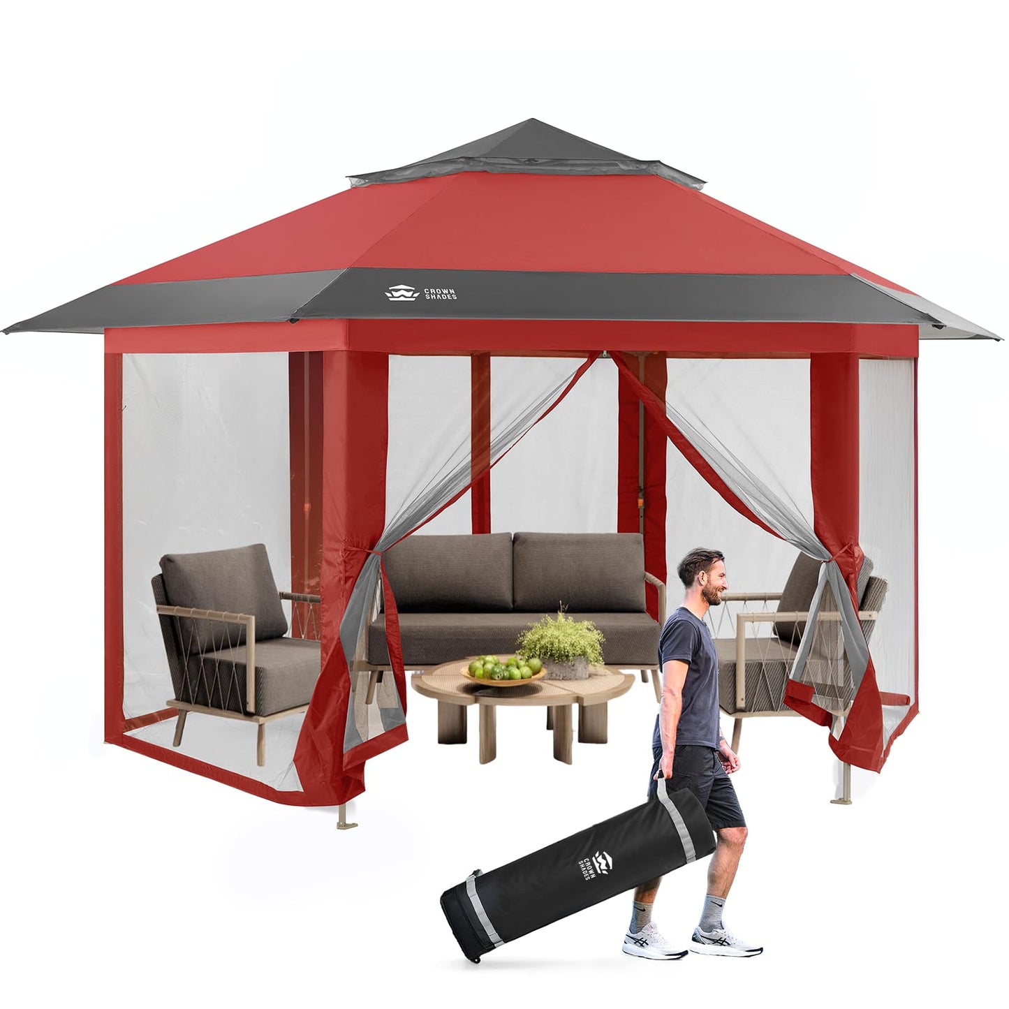 CROWN SHADES 13x13 Pop Up Gazebo with Mosquito Nettings, Patented CENTERLOK 6-Sided Portable Gazebo, 300D Silver-Coated Fabric UV Resistant, Pop Up Canopy Tent for Patio, Party, Red&Grey