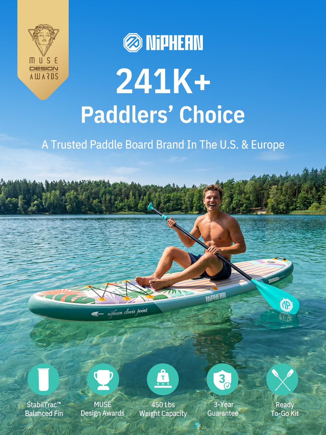 Niphean Inflatable Stand Up Paddle Board with Stabiltrac Fin Design and SUP Accessories, Anti-Slip EVA Deck, 10’6’’ Inflatable Paddle Boards for Adults & Youth of All Skill Levels