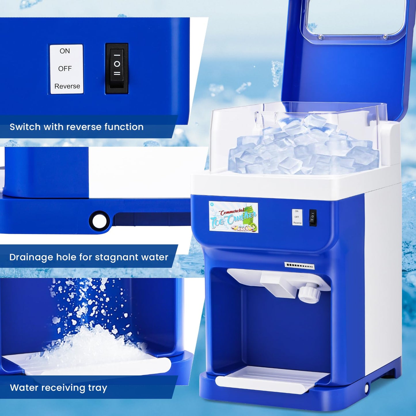 NEWTRY 8.45QT Commercial Ice Cube Crusher Machine Electric Ice Shaver with Aluminum Alloy Blade Automatic Snow Cone Maker Thickness Adjustable 250w 110v Large Capacity 400lb/h for Commercial Home Use
