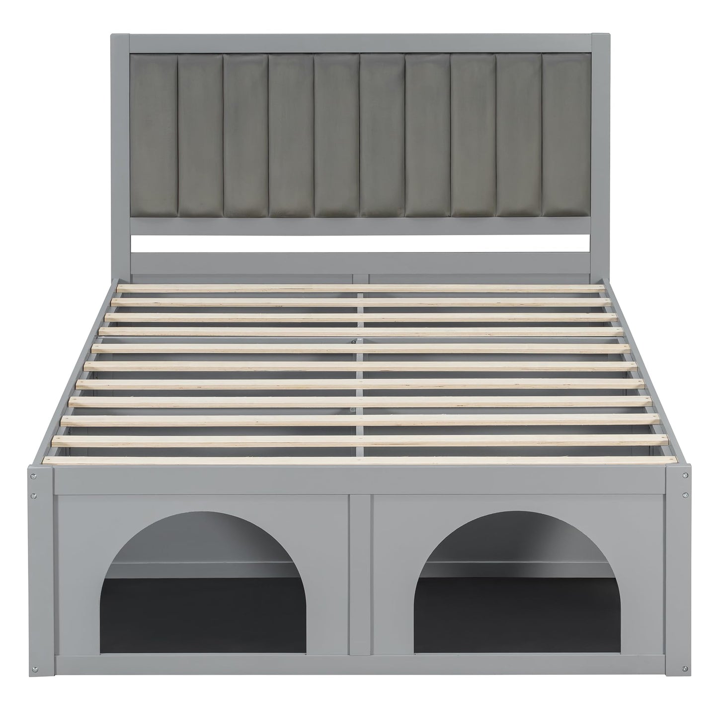 Merax Queen Platform Bed – Heavy Duty Metal Bed Frame with Pet-Friendly Under-Bed Nook, Space-Saving Storage, Upholstered Headboard, Wood Slats Support & Elevated Modern Design, Light Grey