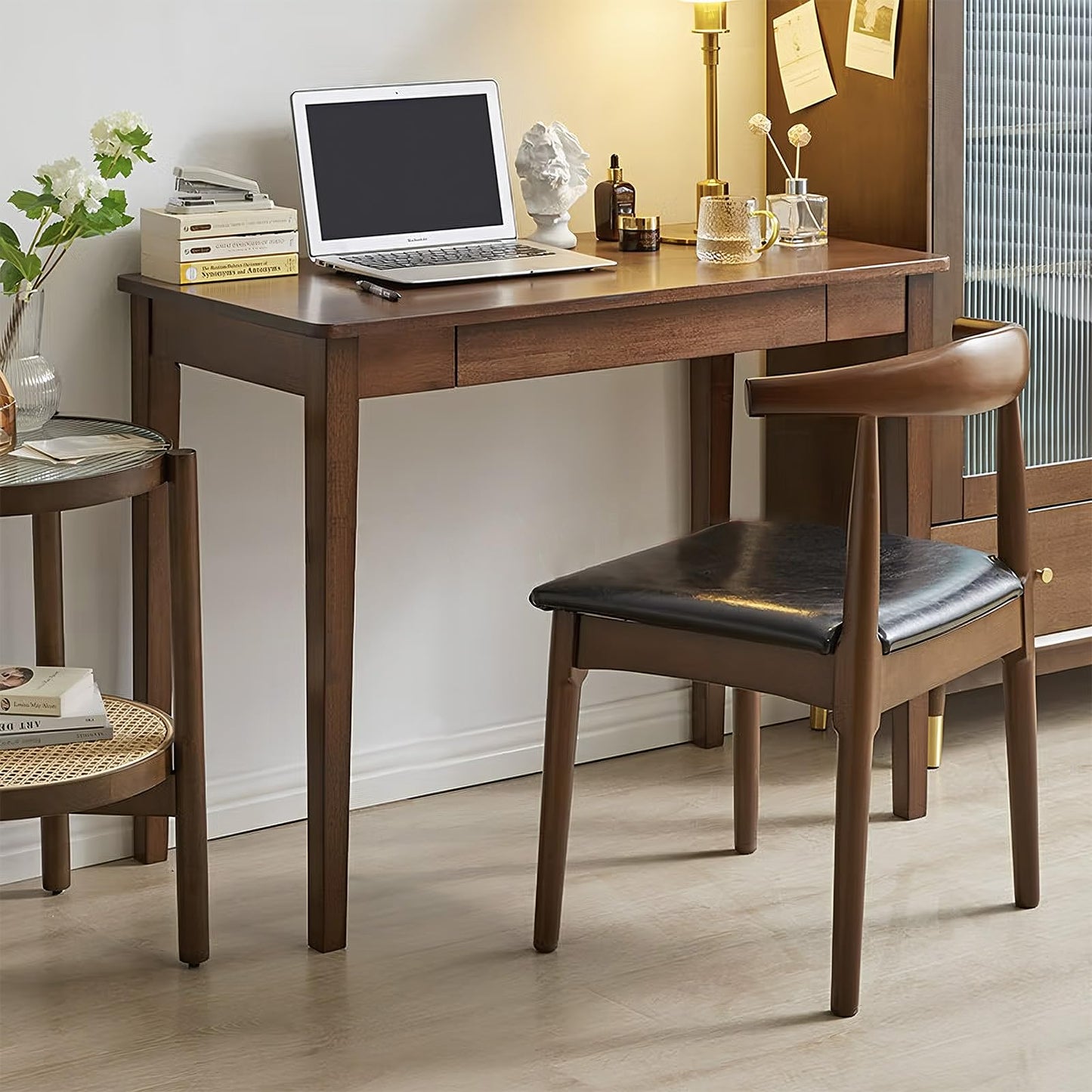 Cttasty Solid Wood Computer Desk with Drawers, Modern Writing Desk for Home Office, Mid Century Modern Desk, Oak Study Table, 35.4x19.9x29.5 inches (Single Drawer), Walnut