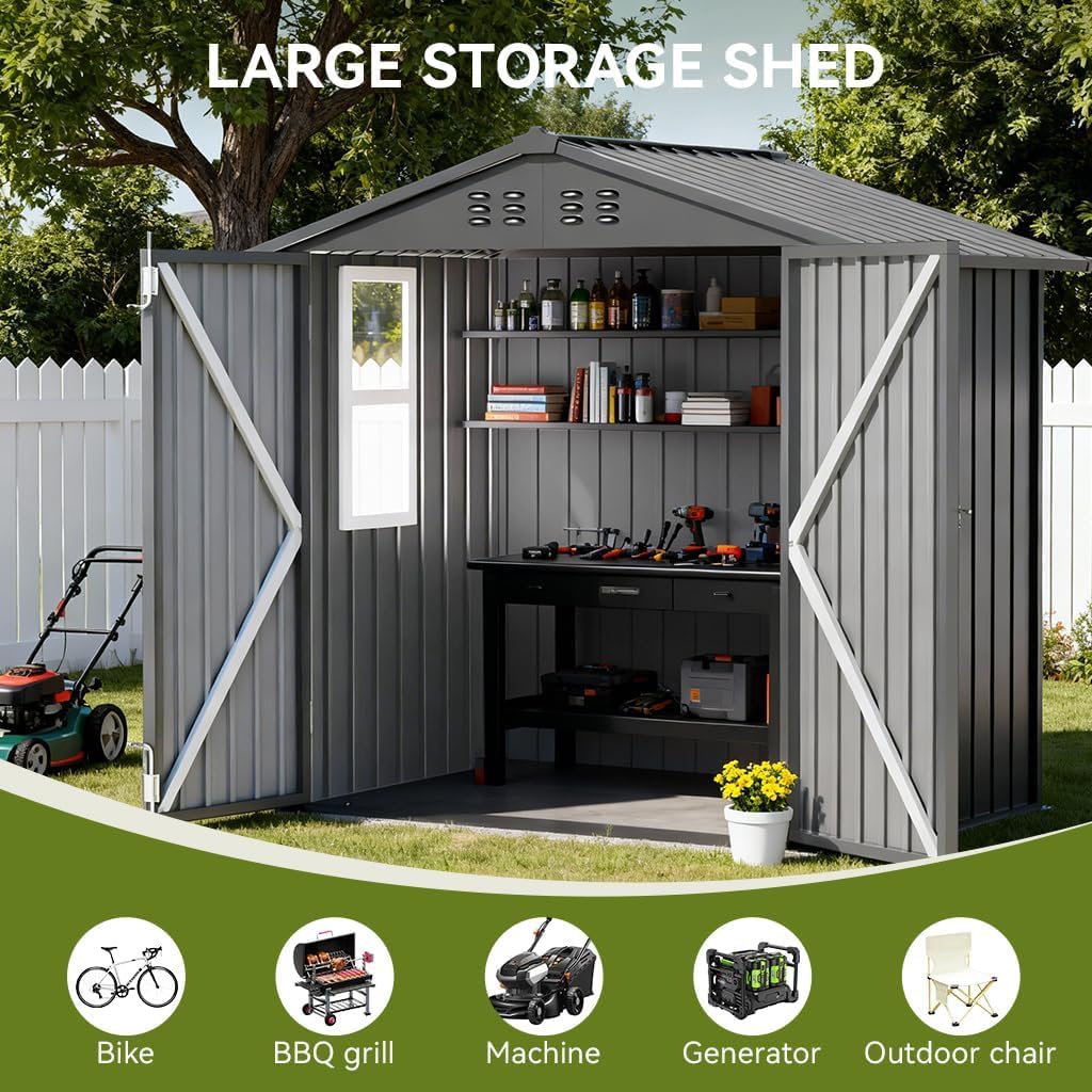 COMHOMA Shed Storage Outdoor Metal Windowed Lockable Garden Toolhouse Weatherproof Ventilated Backyard Utility Workshop(Grey,6'x4')