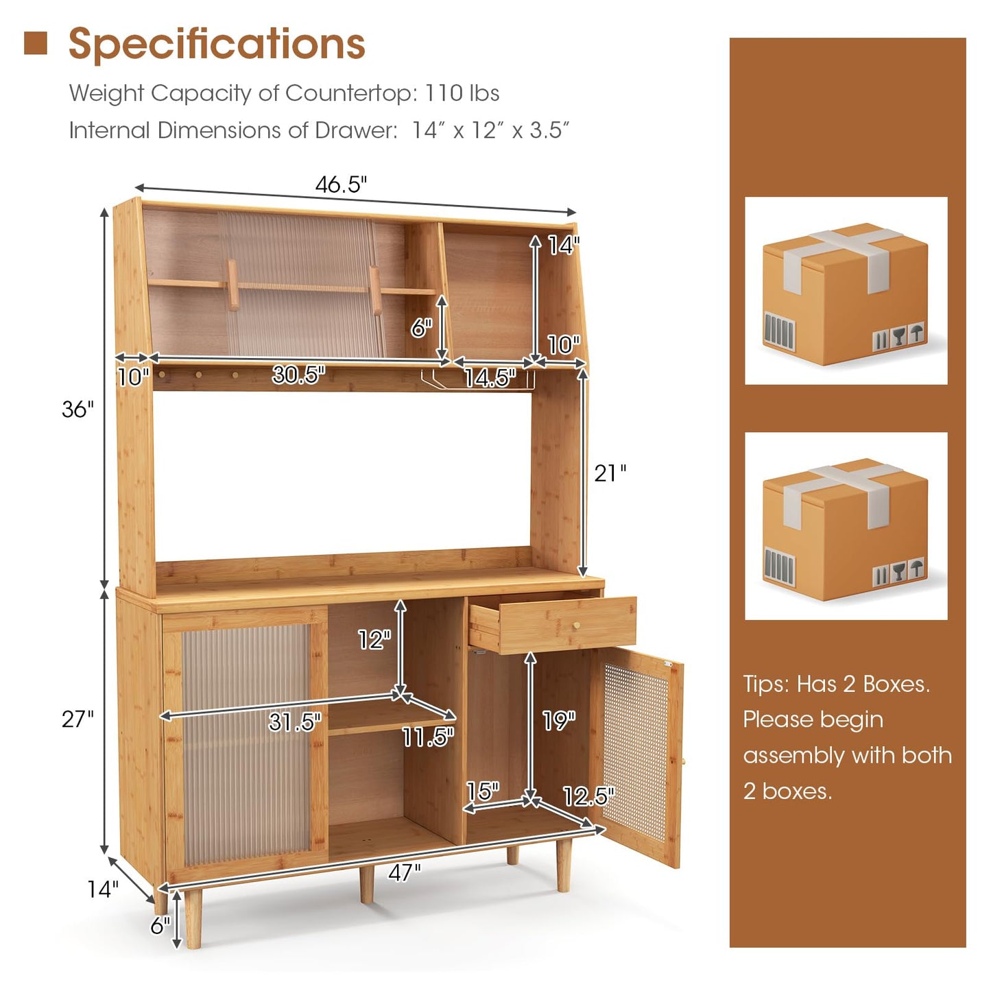 Giantex Pantry Cabinet, 69" Bamboo Hutch Cabinet with Storage, Drawer, Microwave Countertop, Glass Holder, Freestanding Buffet Sideboard with Rattan Door, Tall Cupboard for Kitchen Coffee Bar