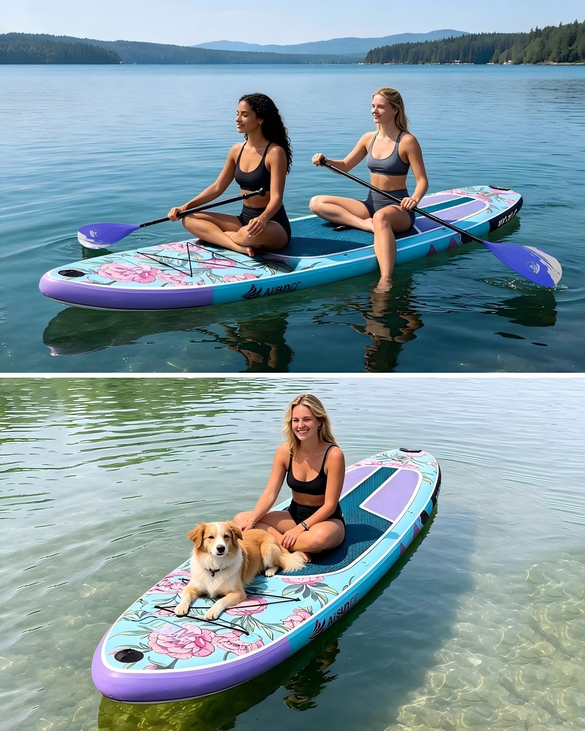 AISUNSS 10.6’ Inflatable Stand Up Paddle Board, 33’’ Wide Stance Paddle Boards with Premium Paddleboard Accessories, Double Action Pump, Removable Fin for Youth & Adults (Flowers Blue)