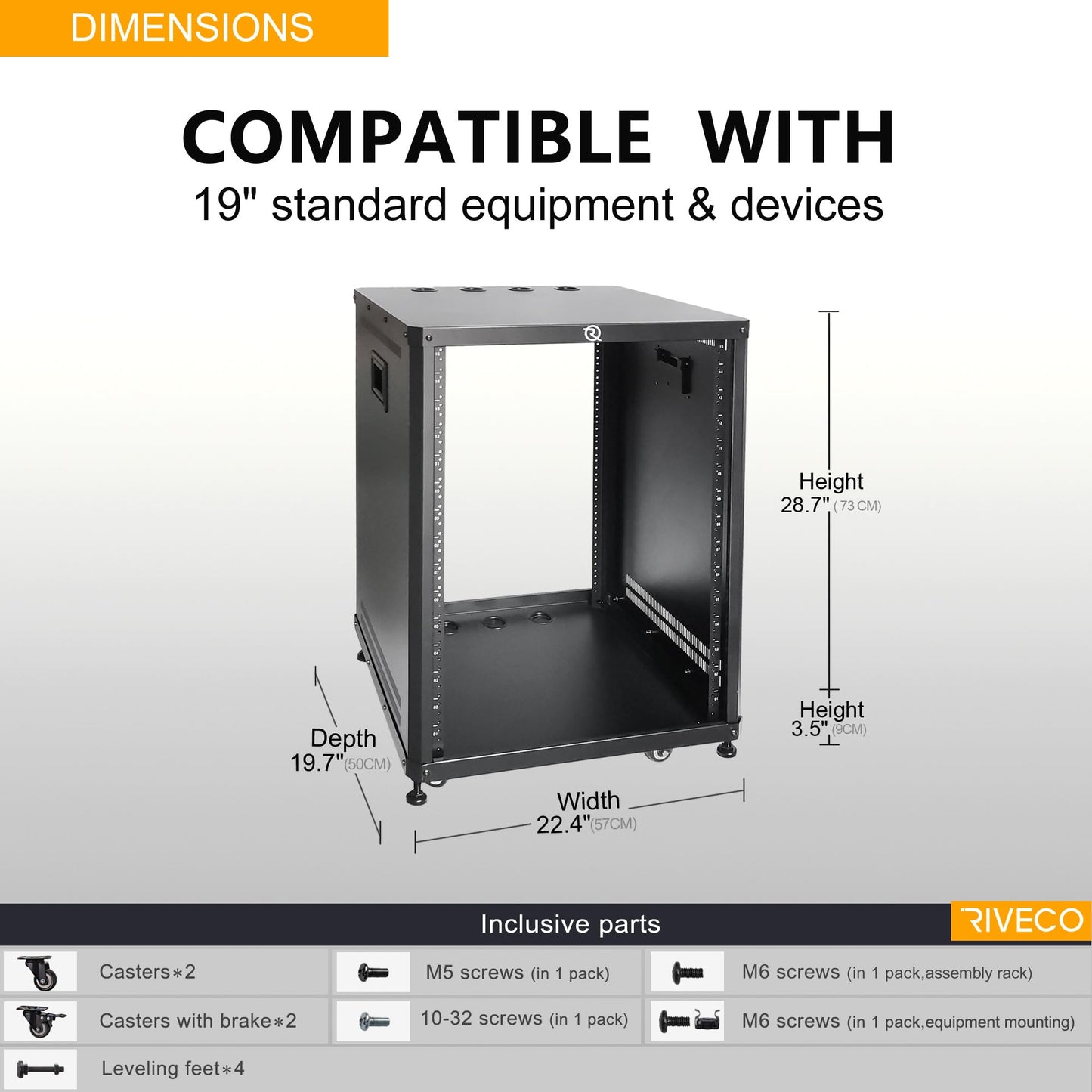 RIVECO 15U Network & Audio Rack with Feet & Wheels, Obtuse Angel Server Rack Cabinet, Rolling Studio Rack Case with Adjustable Depth Rails for 19" Stereo Recording & IT Equipment Mounting 1PCS