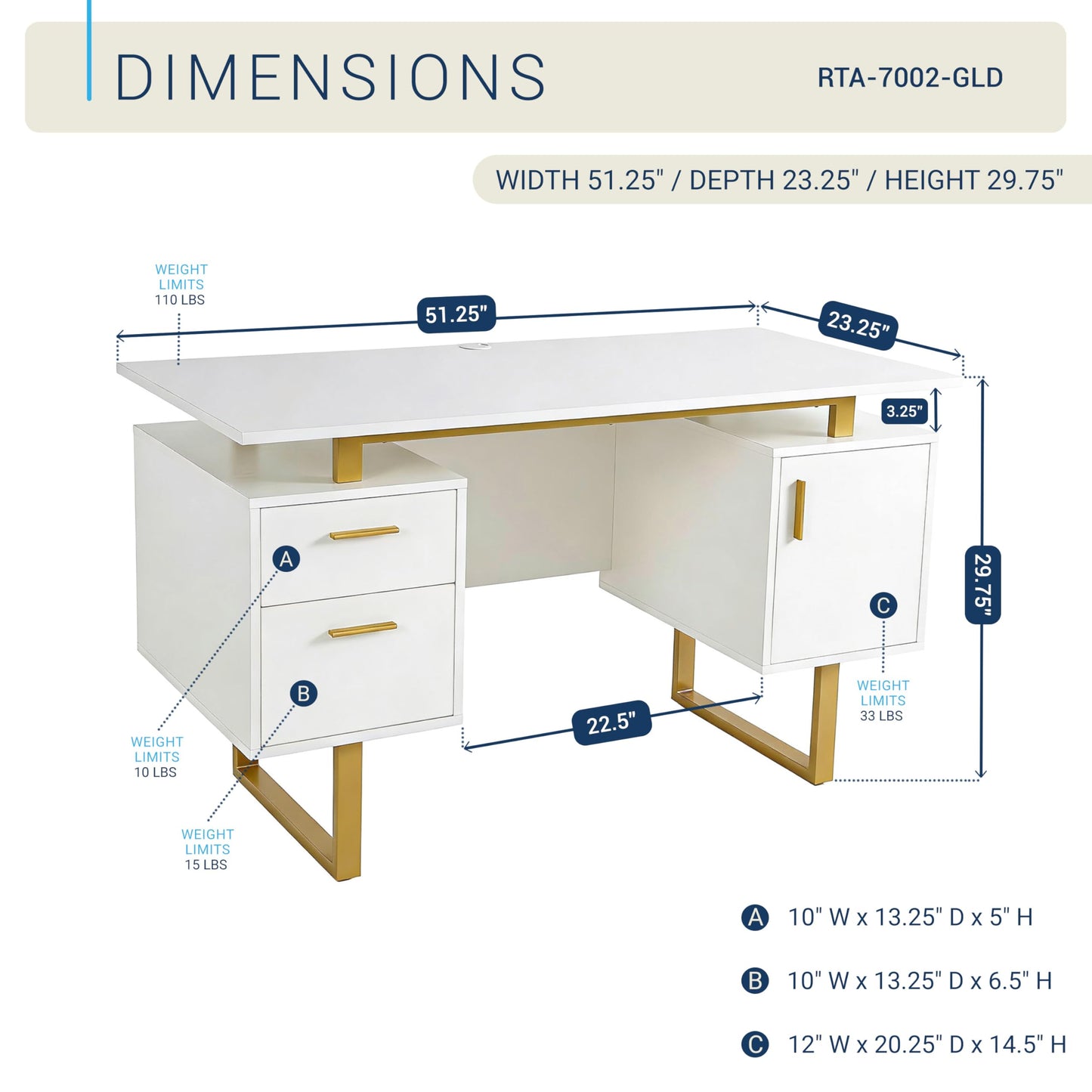 Techni Mobili Storage Drawers and Cabinet 51.25” W-Modern Office Large Floating Desktop Surface Desk, 23.6" D x 51.2" W x 29.8" H, White/Gold