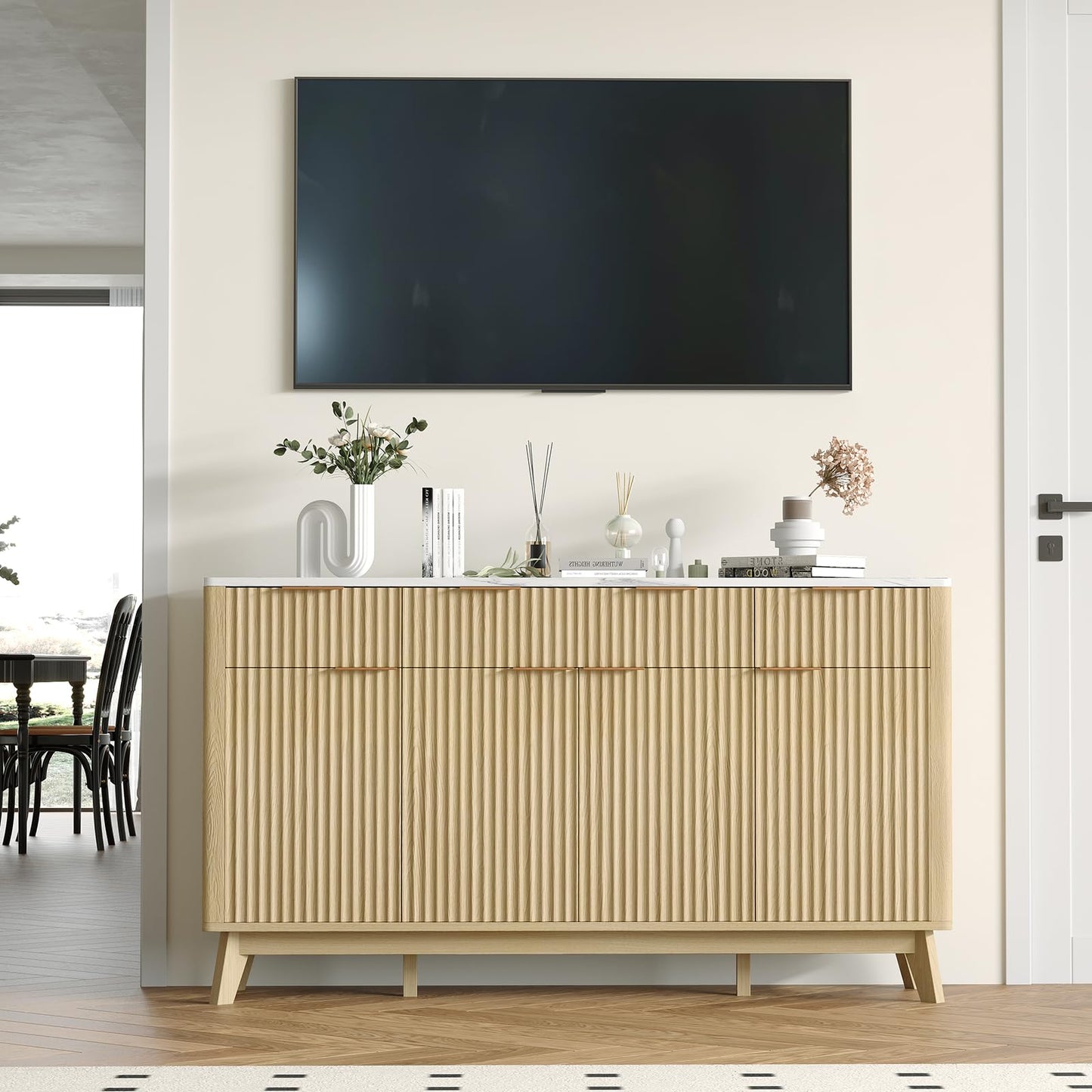 Garvee 60" Large Fluted Buffet Sideboard Cabinet with Drawers, Modern Farmhouse Buffet Storage Cabinet with Adjustable Shelves and Doors, Wood Coffee Bar Station Kitchen Console Table for Dining Room