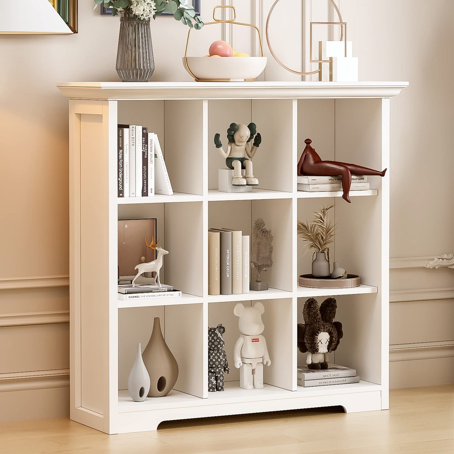 OSCHF Wooden Cube Shelf Bookcase - Modern 3 Tiers Floorstanding Open Bookshelf with Base for Home and Office, 9 Cubes Storage Cabinet, Warm White
