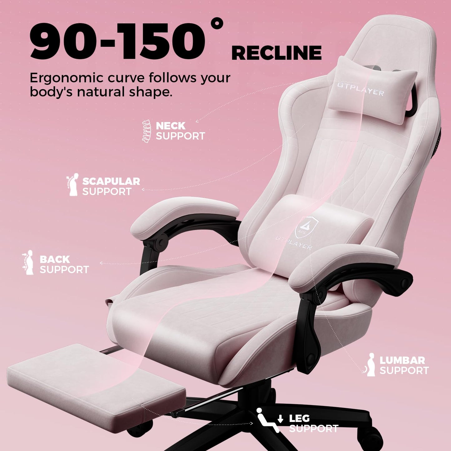 GTPLAYER ACE-PRO Music Gaming Chairs – Built-in Speakers, App Support & Bluetooth Control, Computer Game Chairs with Footrest for Adults, Ergonomic Reclining Silla, Linkage Armrest, Pink 【Velvet】