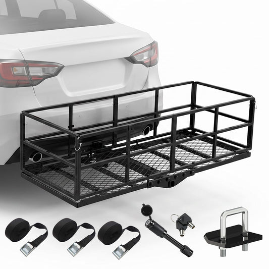 Foldable Hitch Mount Cargo Carrier Basket 61" x 25" x 16" for 2 Inch Hitches Receiver, 500 Lbs Capacity, Easy Folding, Multiple-Tightener Anti Rattle Design, High Ground Clearance, Trailer Pin Lock