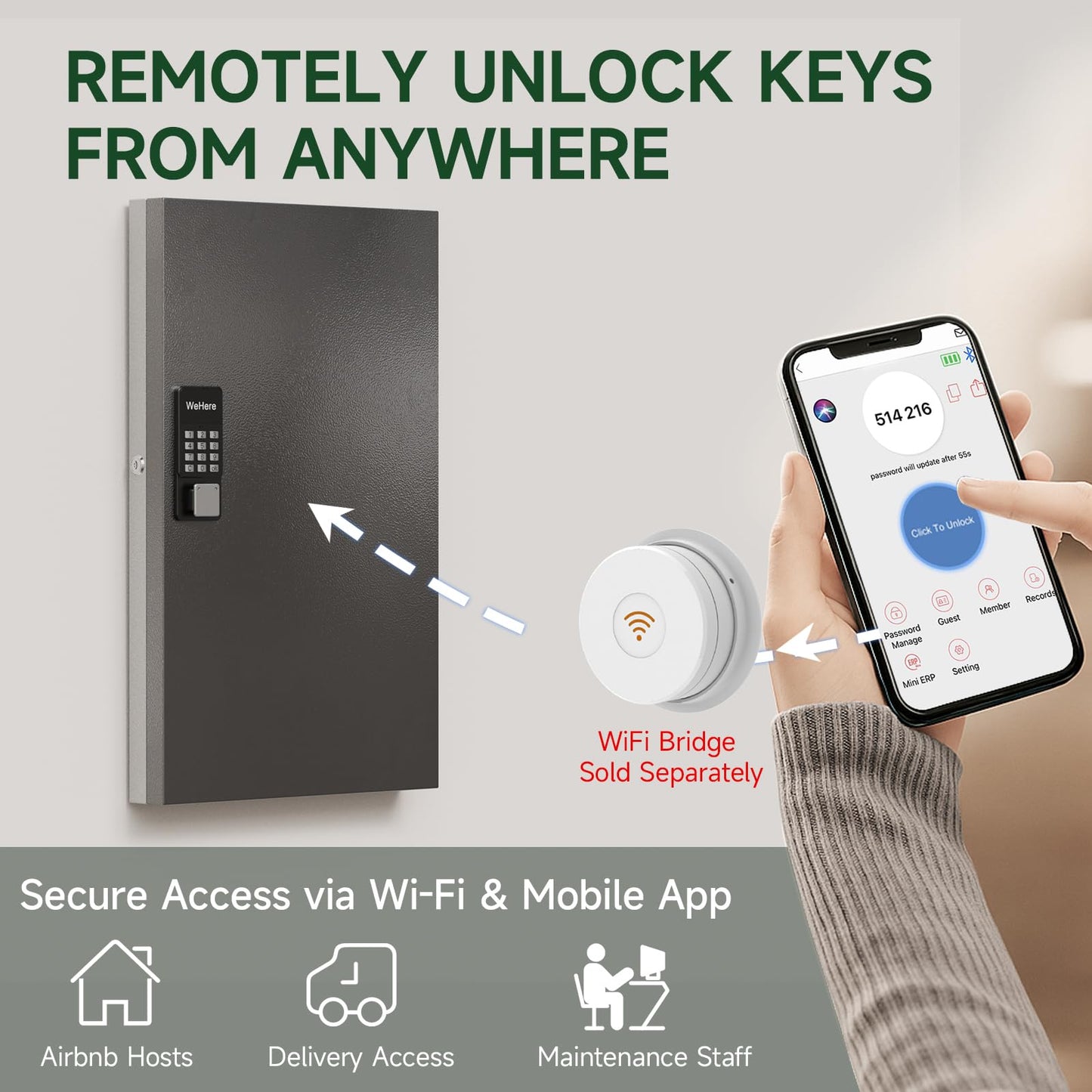 WeHere 96-Key Smart Key Lock Box, Wall-Mount Key Cabinet with Key Management App(Track Key Borrow/Return), Keypad, Bluetooth & WiFi Unlock (Sold Separately) for Commercial, School, Rental, Office