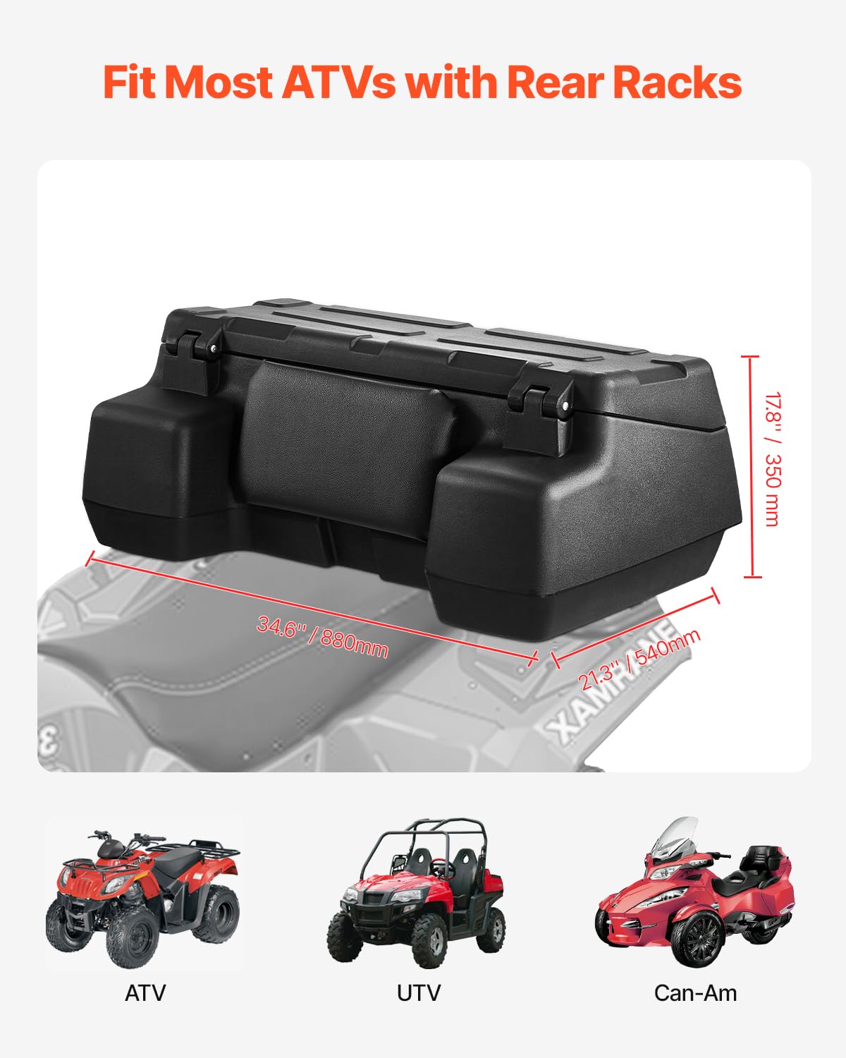 VEVOR ATV Rear Storage Box, 95L ATV Rear Cargo Box with Padded Backrest, Waterproof LLDPE and Lockable Gear Storage Box Fit Most ATVs with Rear Rack, Compatible with ATV, UTV, Can-Am Vehicles