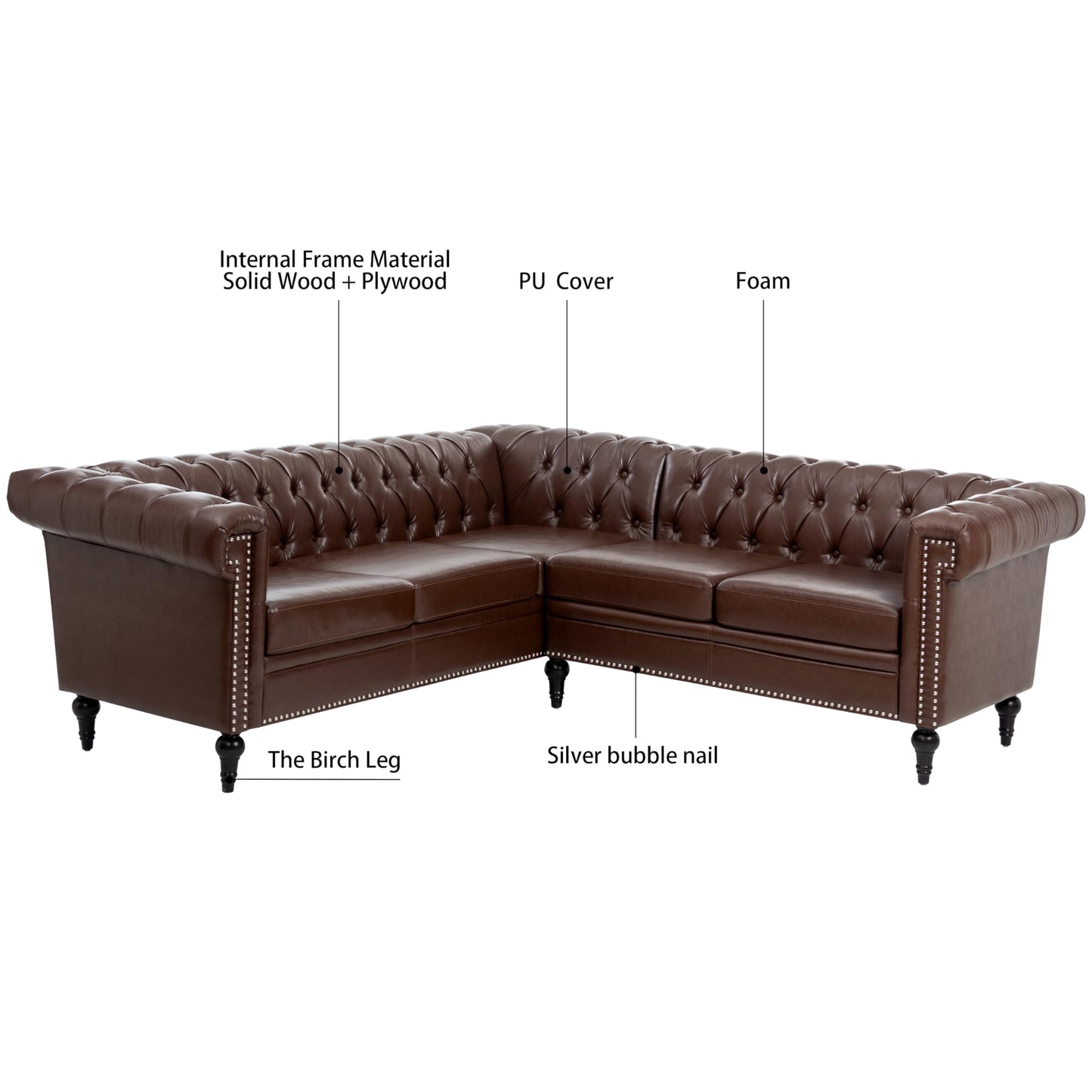 GDFStudio 85" x 85" L-Shaped Chesterfield Sectional Sofa, Tufted PU Leather Corner Couch with Rolled Arms, 5 Seat Mid-Century Modern Sectional Sofas & Couches for Living Room Bedroom, Dark Brown