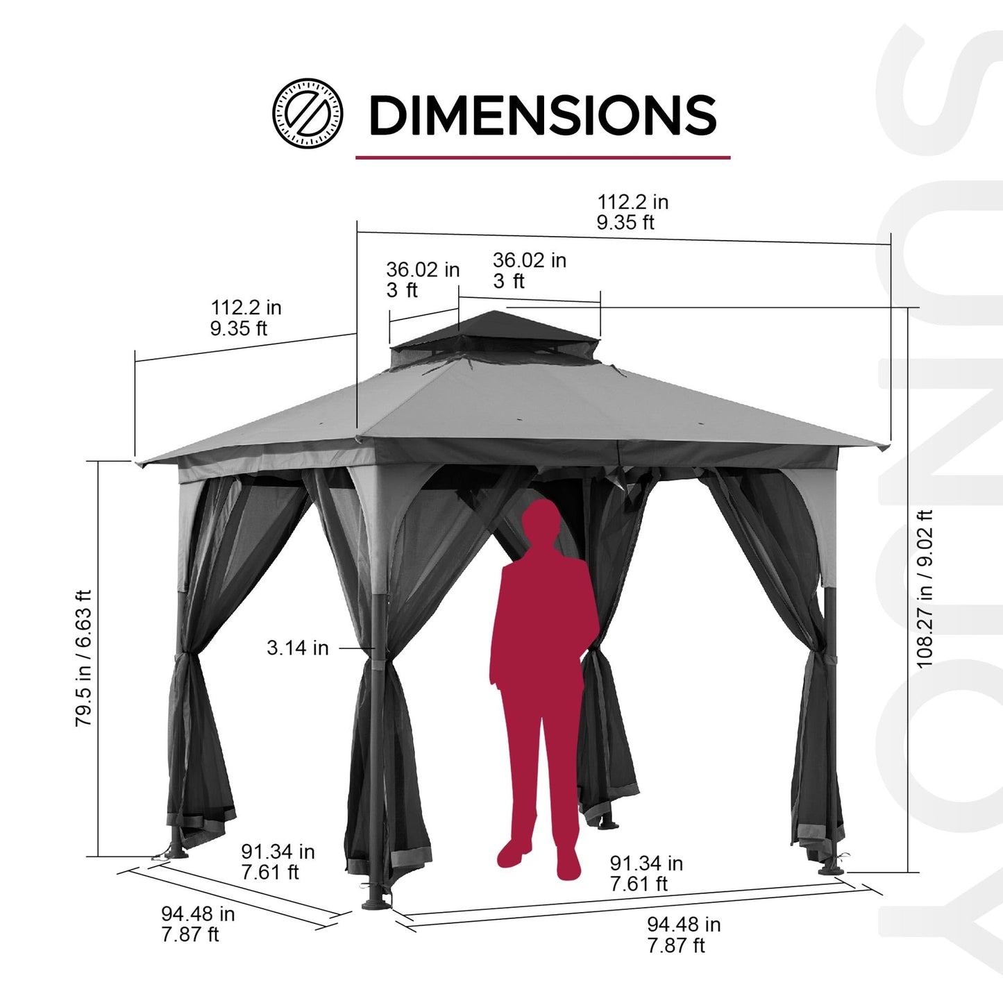 Sunjoy 9 ft. x 9 ft. Gazebo with 2-Tier Canopy Roof, Steel Frame Soft top Gazebo with Ceiling Hook and Mosquito Netting, Grey and Black