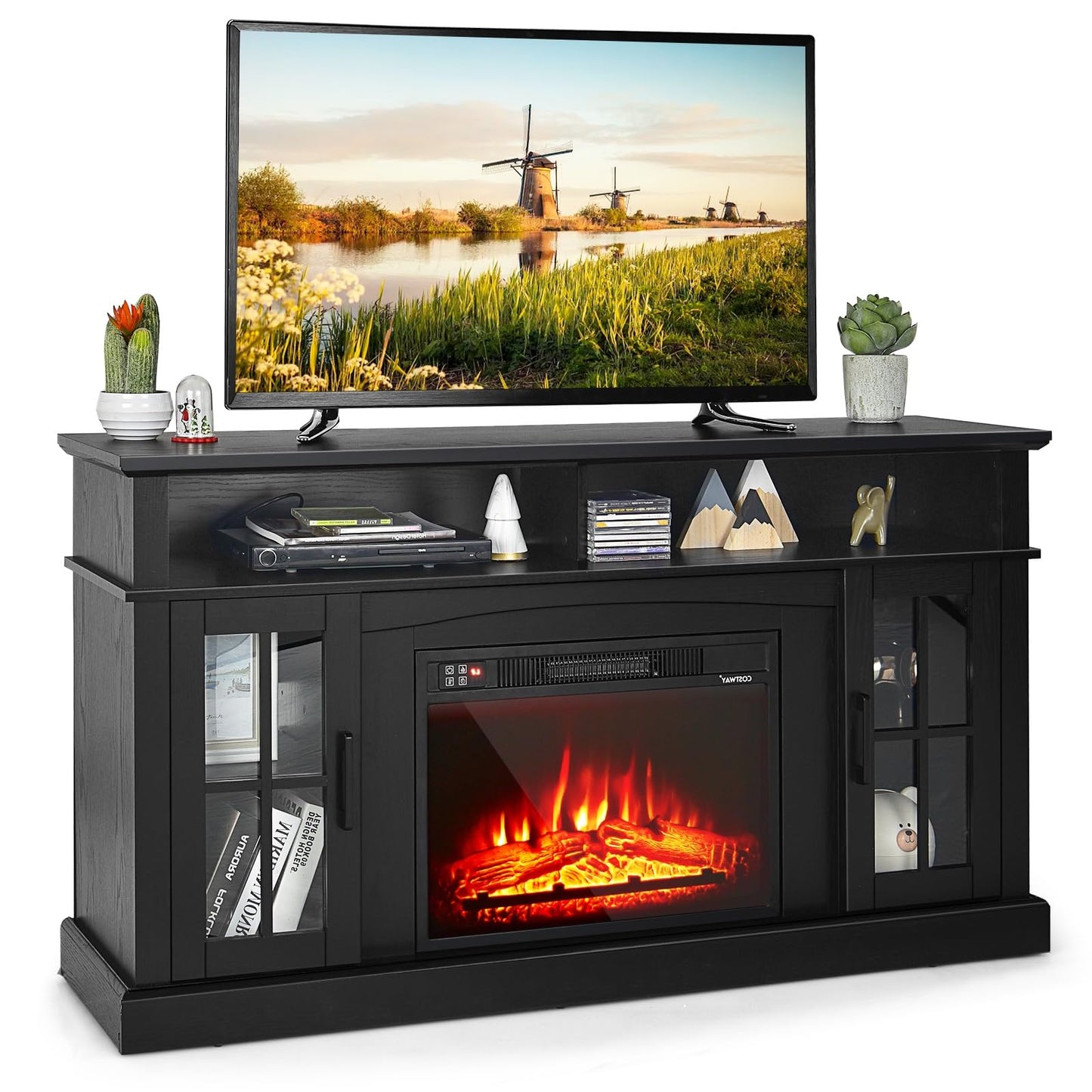 CLEEMAN Electric Fireplace TV Stand for TVs up to 65”, Media TV Console w/ 23” Fireplace Insert Heater, Remote Control, 3-Level Flame, Overheat Protection, Entertainment Center for Living Room (Black)
