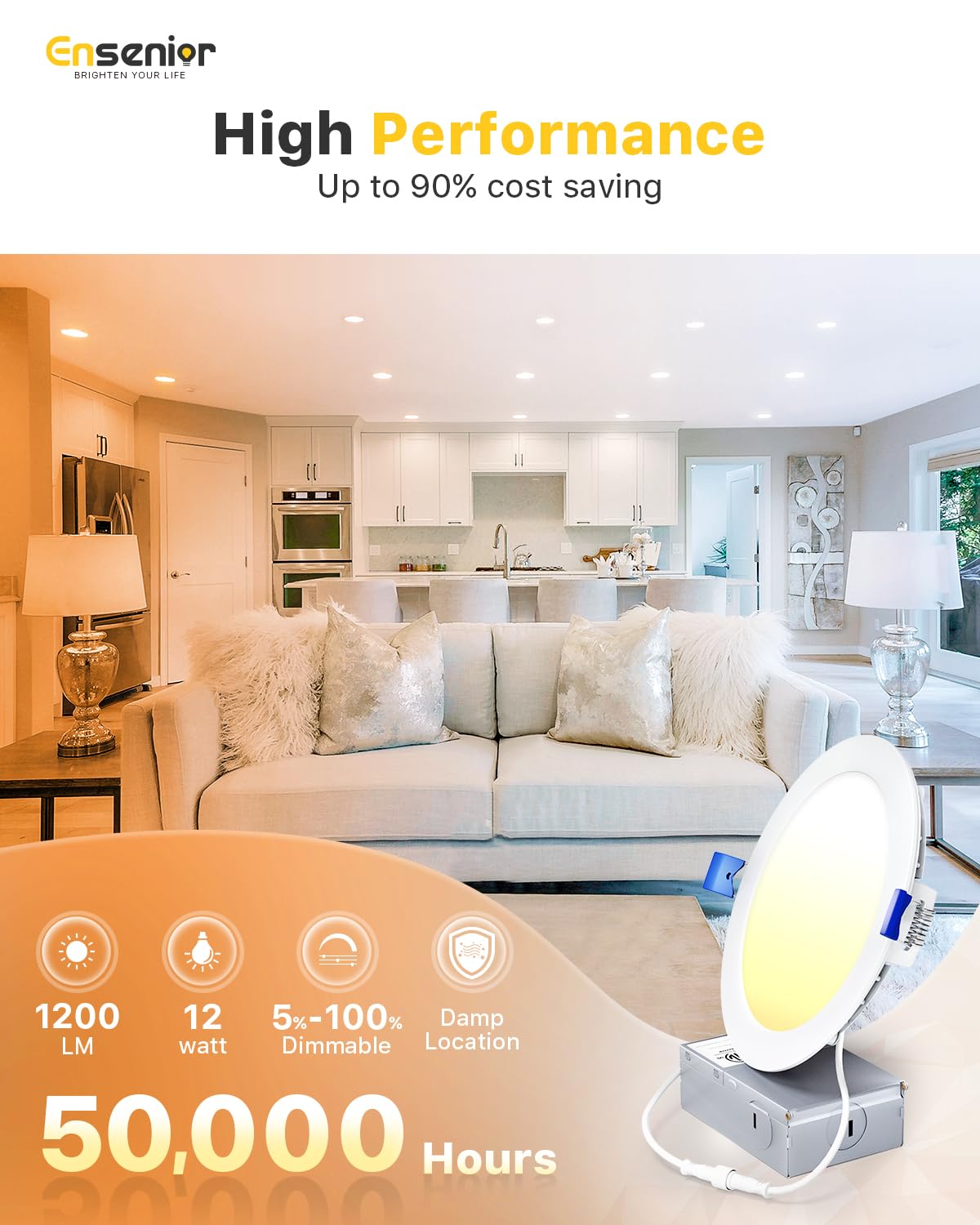 Ensenior 6 Inch Ultra-Thin LED Recessed Ceiling Light, 6000K Clear White, 12W, Dimmable, ETL Certified, Model 6I-600