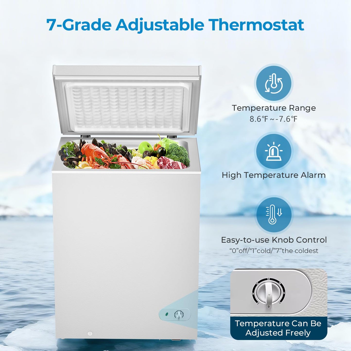 Antarctic Star Chest Freezer 5.0 Cubic Feet Compact Freezer with Removable Baskets, Top Open Door Deep Freezer, Adjustable Temperature for Home Dorm, Bar, Basement, Kitchen, White