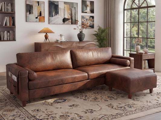 Vesgantti 100" L Shaped Faux Leather Couch with Movable Ottoman, Extra Wide Seater PU Leather Sectional Sofa with Side Pocket, Mid Century Modern Modular Sofa for Living Room, Apartment, Dark Brown