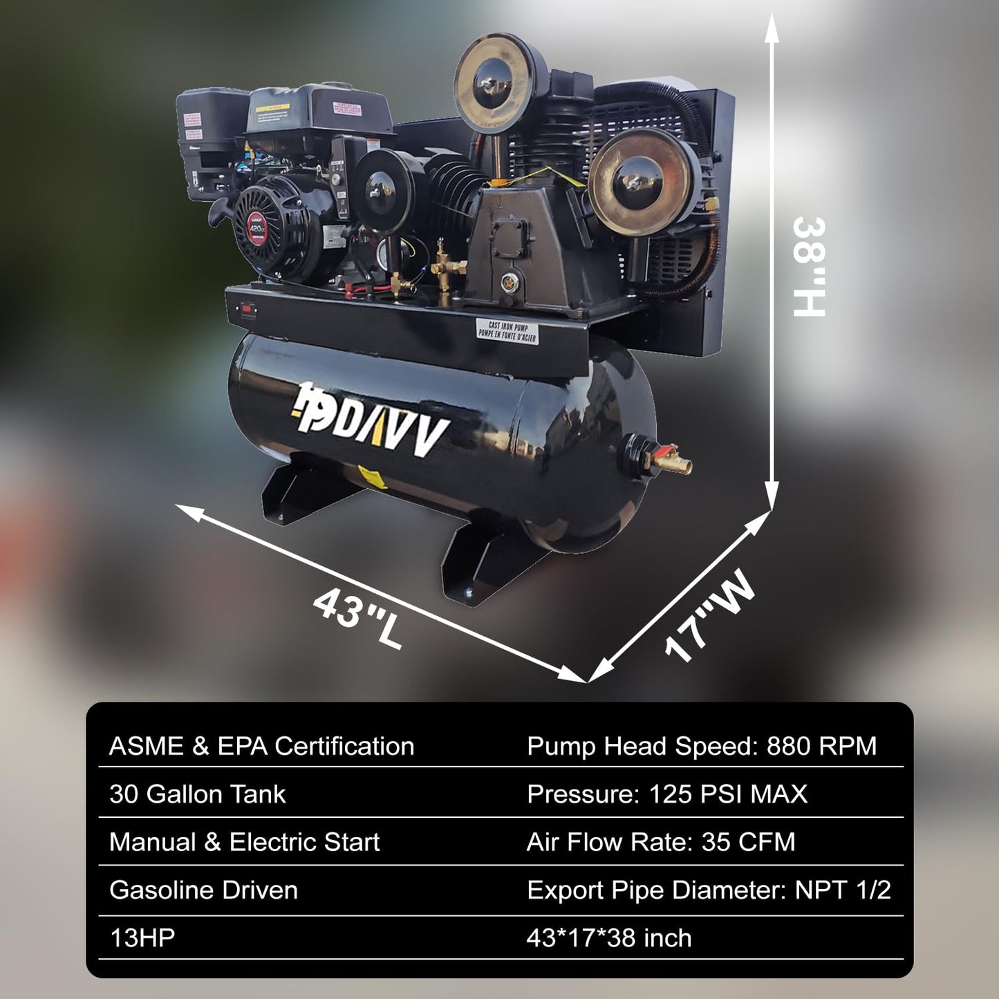 HPDAVV 30 Gal Gas Powered Air Compressor 13HP 35CFM Electric Start Gas Driven Piston Pump Air Compressed System with 125PSI Max. Pressure and ASME Tank for Worksho, Machinery, Construction Sites